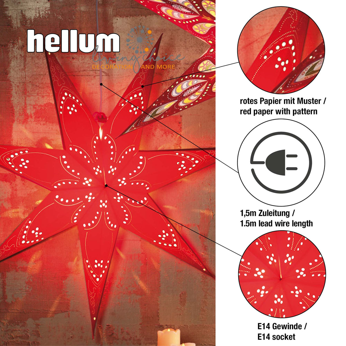 Weihnachtsstern rot innen, E14 Sockel, weißes Kabel, Stecker und Schalter, EPREL ID 2165782