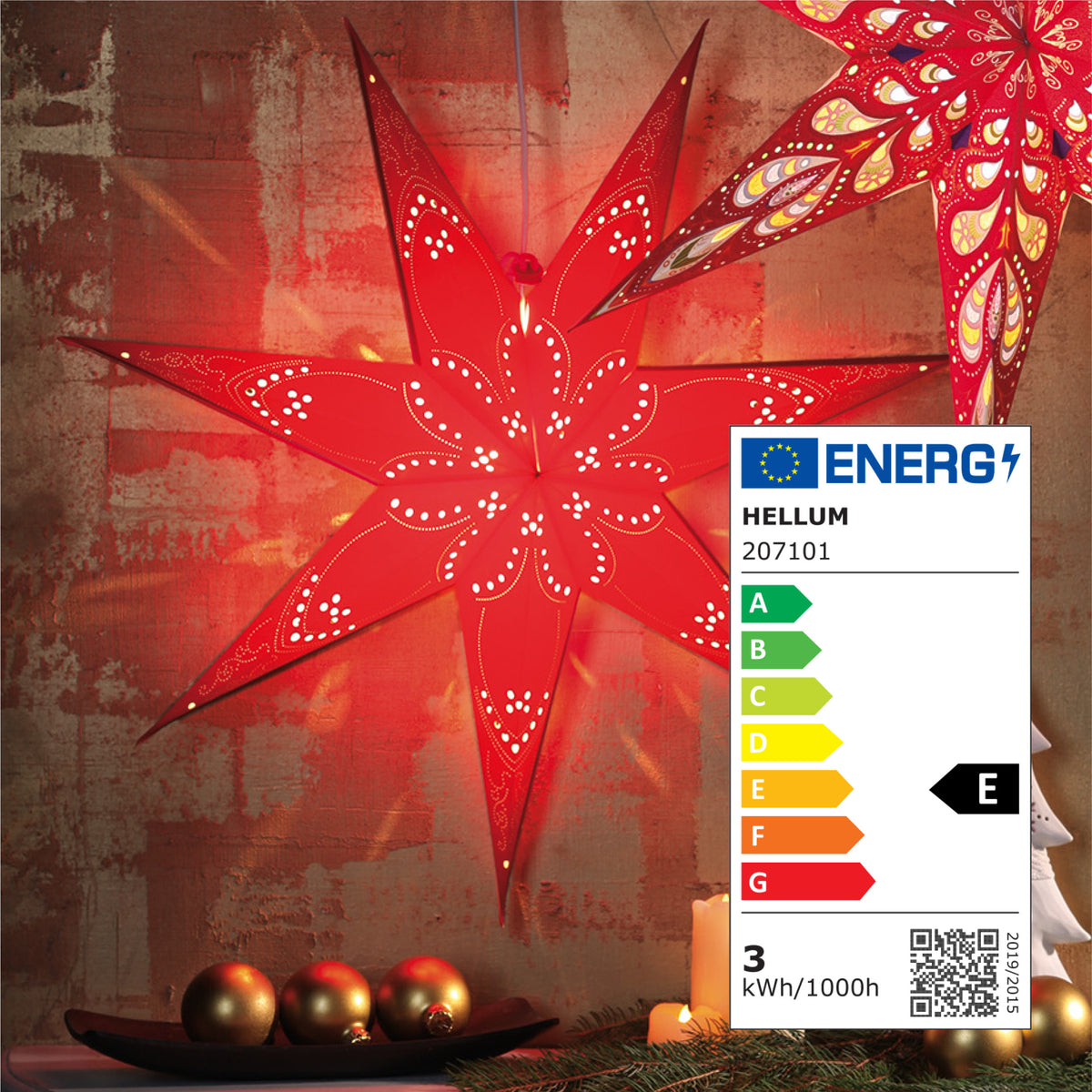Weihnachtsstern rot innen, E14 Sockel, weißes Kabel, Stecker und Schalter, Weihnachtsdeko, EPREL ID 2165782