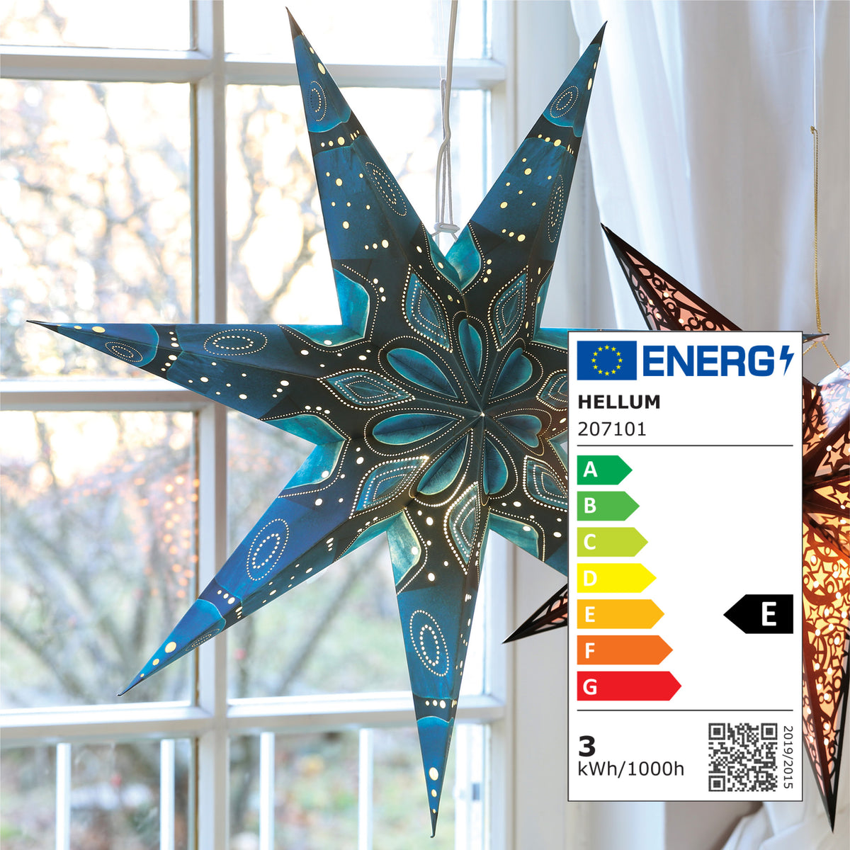 Weihnachtsstern blau innen, E14 Sockel, weißes Kabel, Stecker und Schalter, Weihnachtsdeko, EPREL ID 2165782
