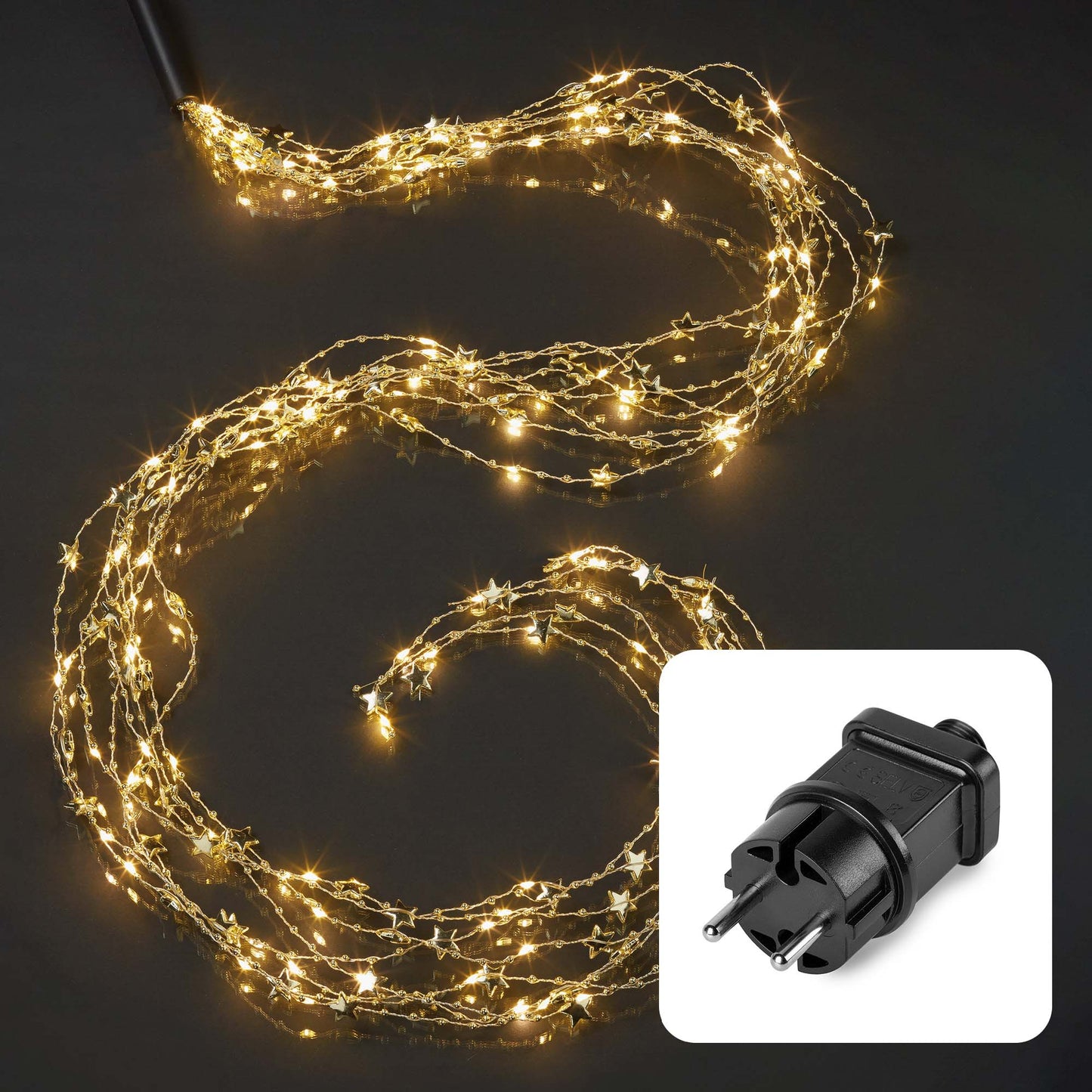 120-tlg. LED-Sternen-Girlande,  warm-weiß, goldene Sterne, kupferfarbenes Kabel, Timer, Innen-Trafo