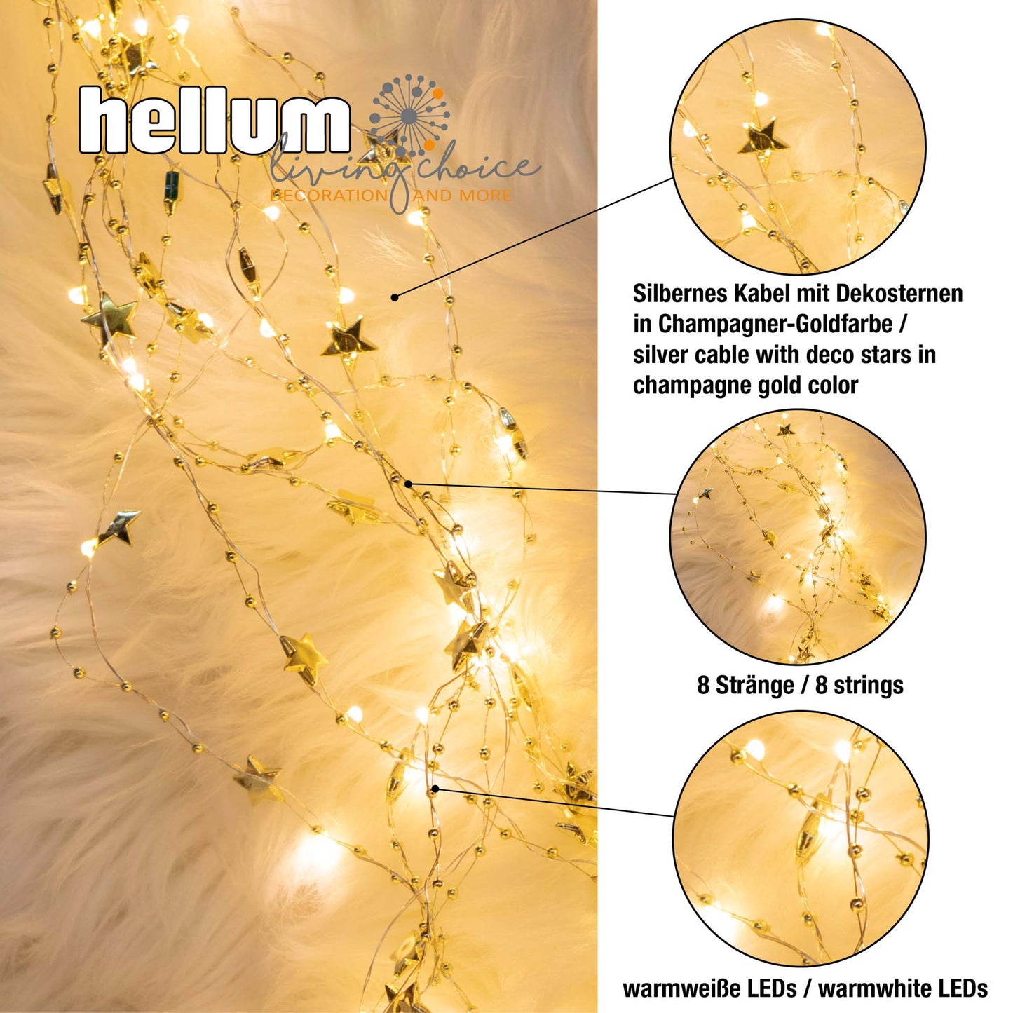 120-tlg. LED-Sternen-Girlande,  warm-weiß, goldene Sterne, kupferfarbenes Kabel, Timer, Innen-Trafo