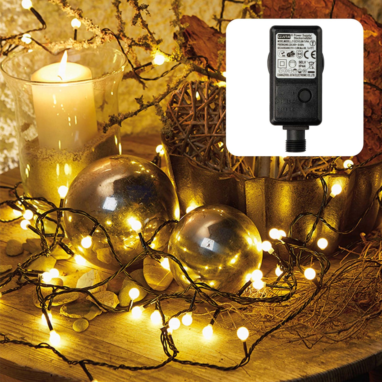LED-Lichterkette mit Perlen, 80 LEDs ww, mit Timer, Außen-Transformator