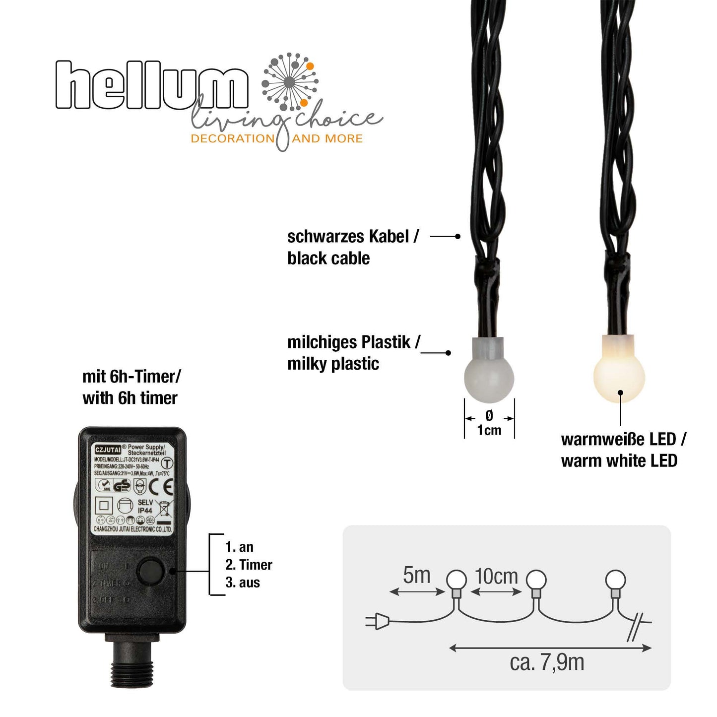 LED-Lichterkette mit Perlen, 80 LEDs ww, mit Timer, Außen-Transformator
