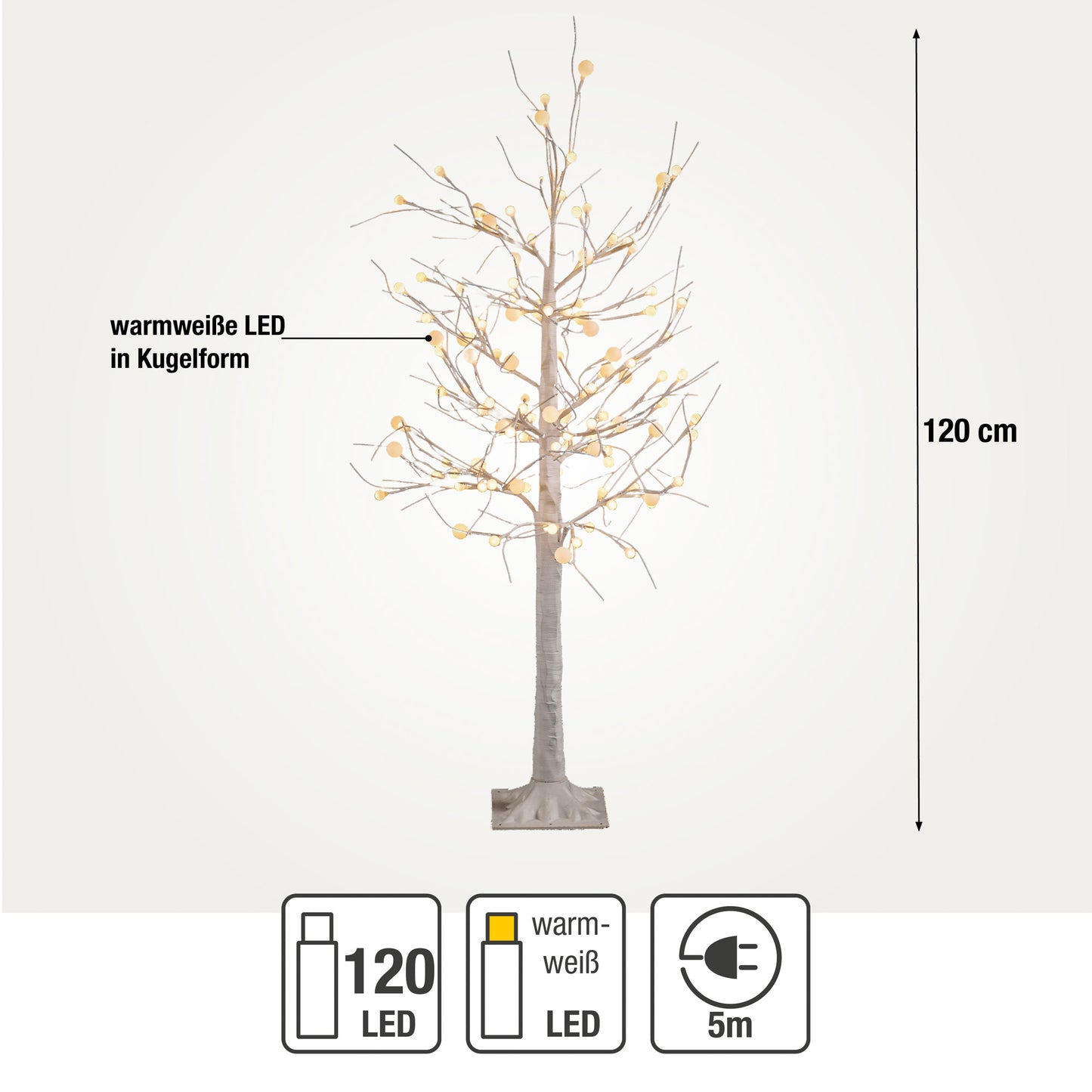 LED-Baum mit Bällen, 120  LEDs für außen, 5m transparente Zuleitung mit Stecker
