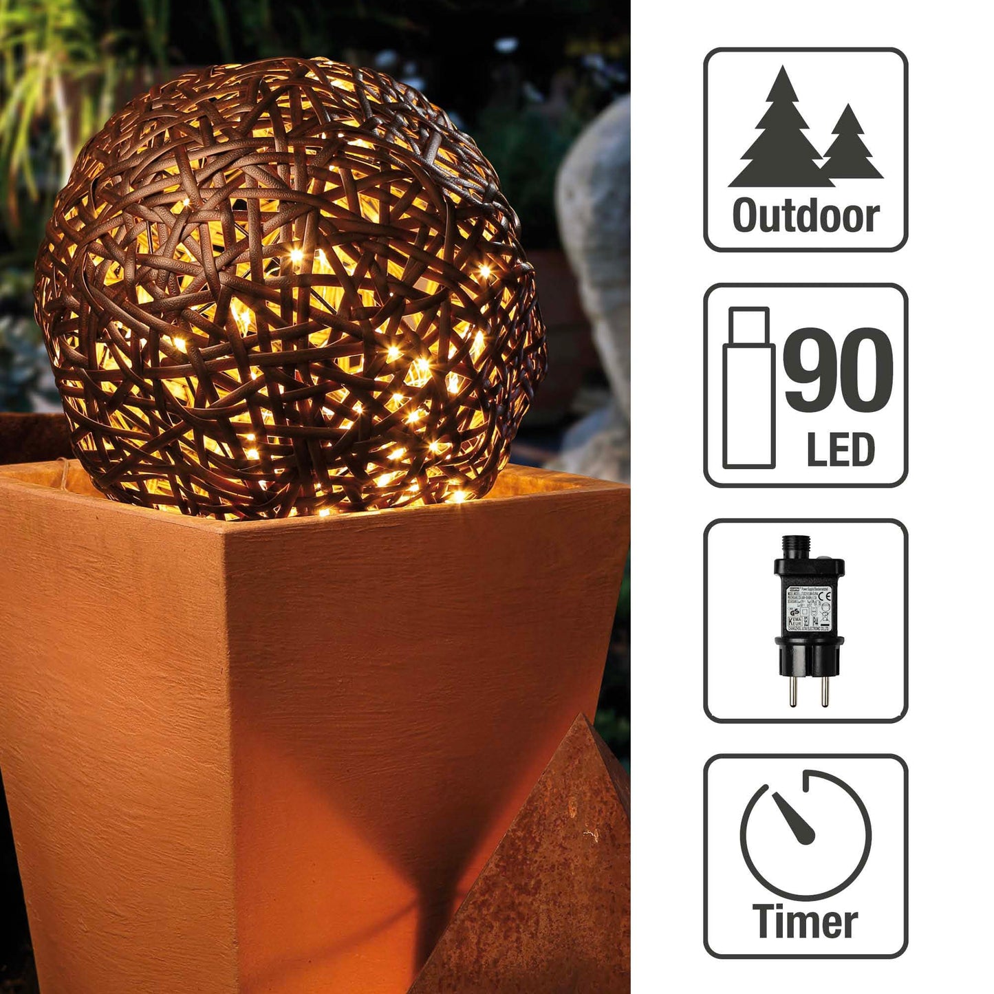 LED-Rattanball, 90 LEDs ww, Timer, Außen-Transformator