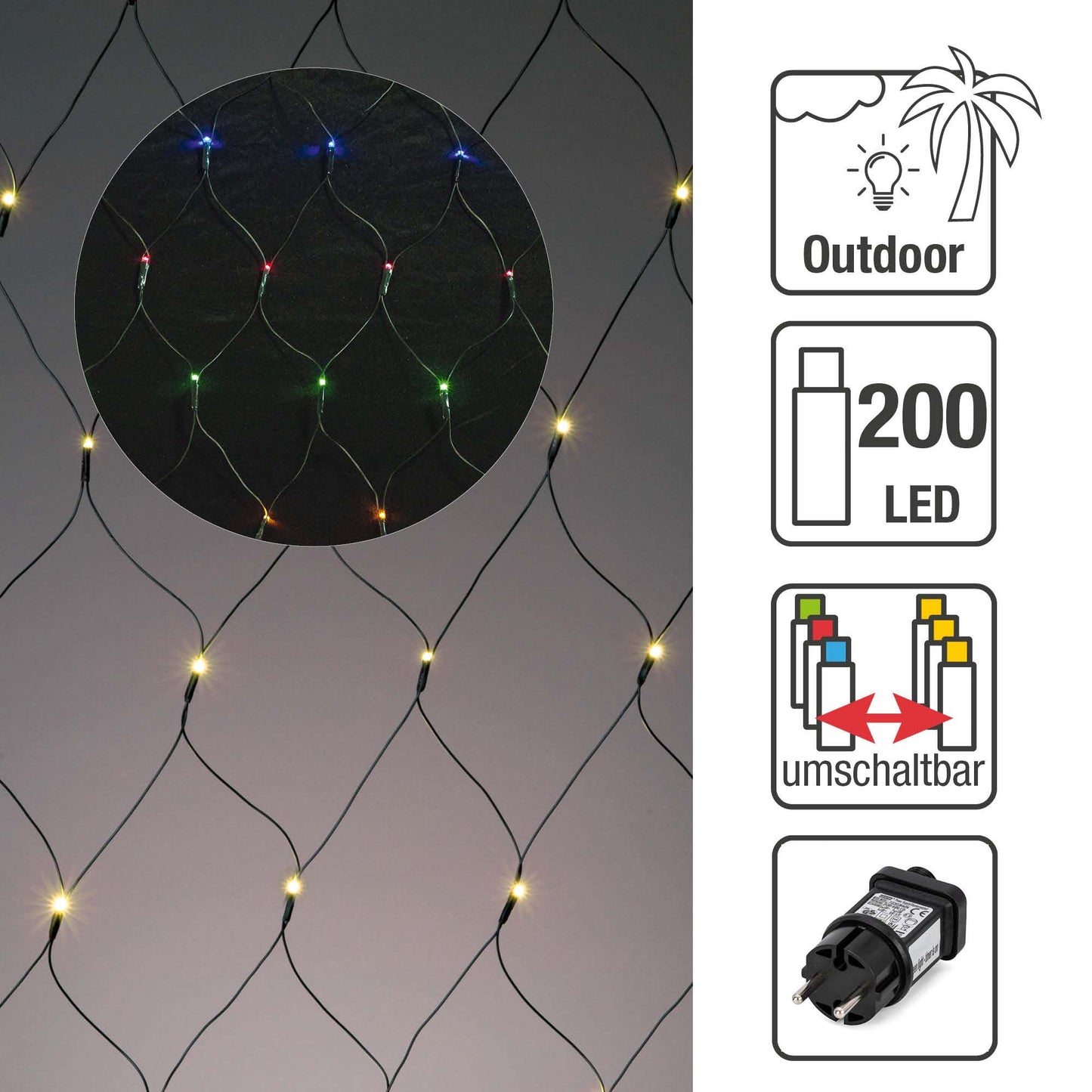 LED-Lichtnetz, 1,5*3m, 200 LEDs, umschaltbar von ww auf multicolor, Außen-Transformator