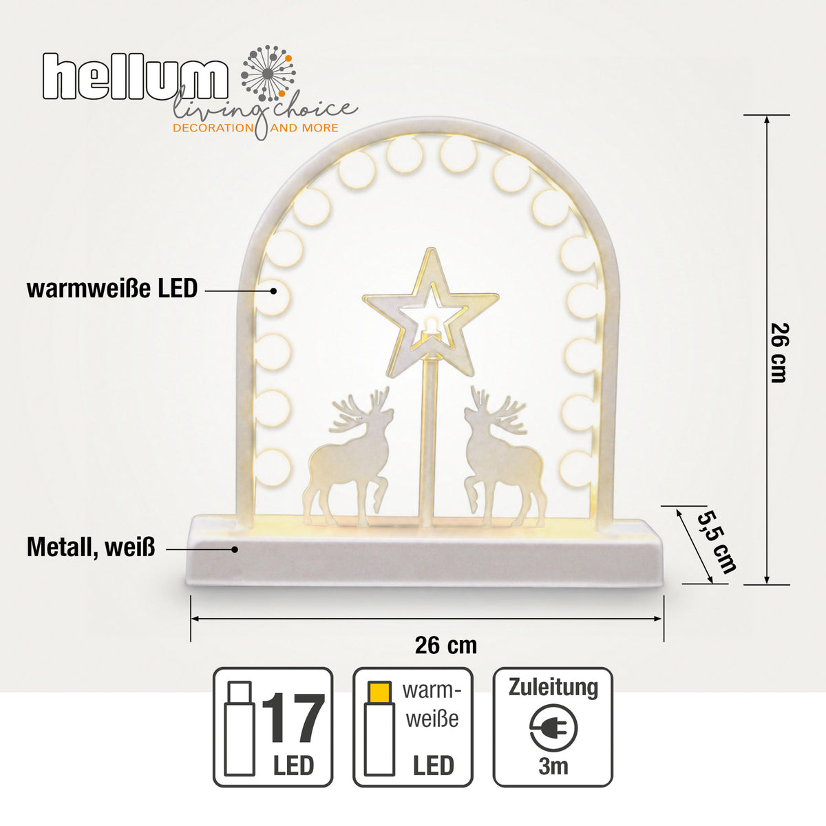LED Metall-Leuchter mit Stern und Rentier innen, 17 LED warmweiß, 26x26 cm, Innen-Transformator