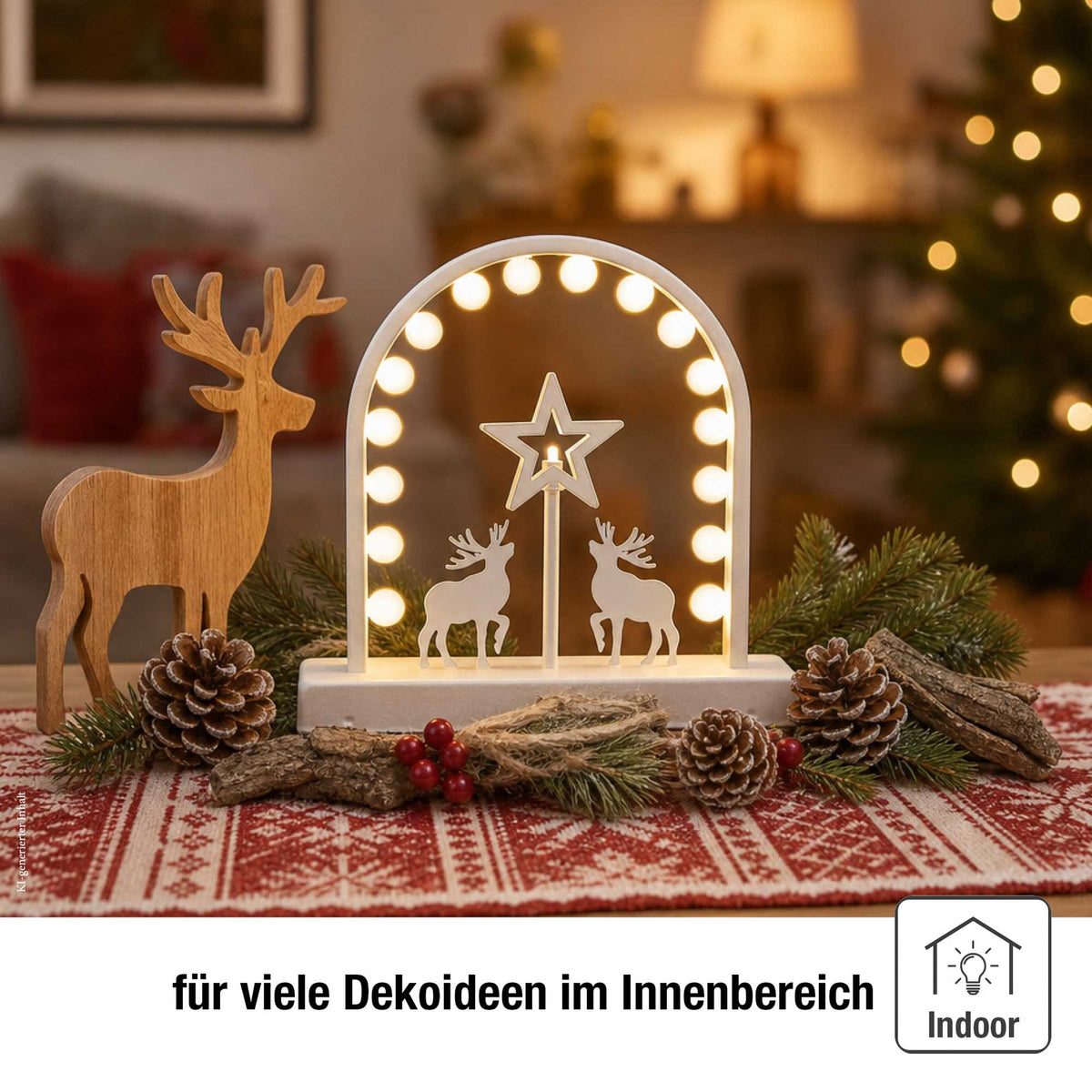 LED Metall-Leuchter mit Stern und Rentier innen, 17 LED warmweiß, 26x26 cm, Innen-Transformator