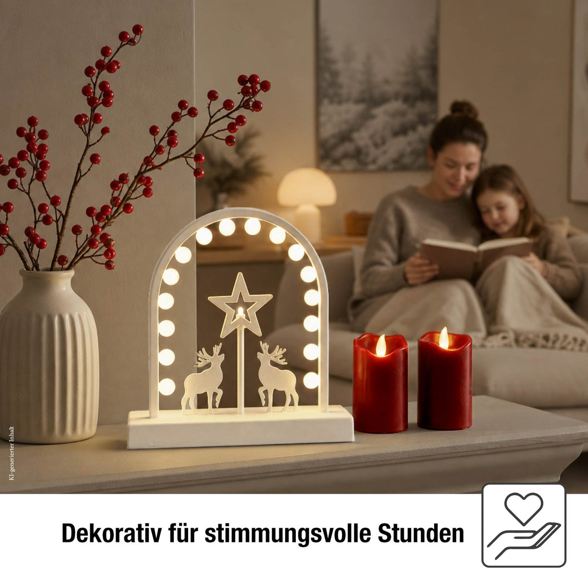 LED Metall-Leuchter mit Stern und Rentier innen, 17 LED warmweiß, 26x26 cm, Innen-Transformator