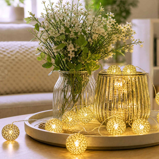 LED-Lichterkette mit goldenen Metallkugeln, 20 LEDs weiß, Innen-Transformator