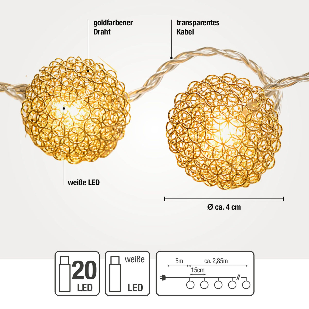 LED Lichterkette mit goldenen Metallbällen innen, 20 LED weiß, 2,85 m beleuchtet, transparentes Kabel, Innen-Transformator