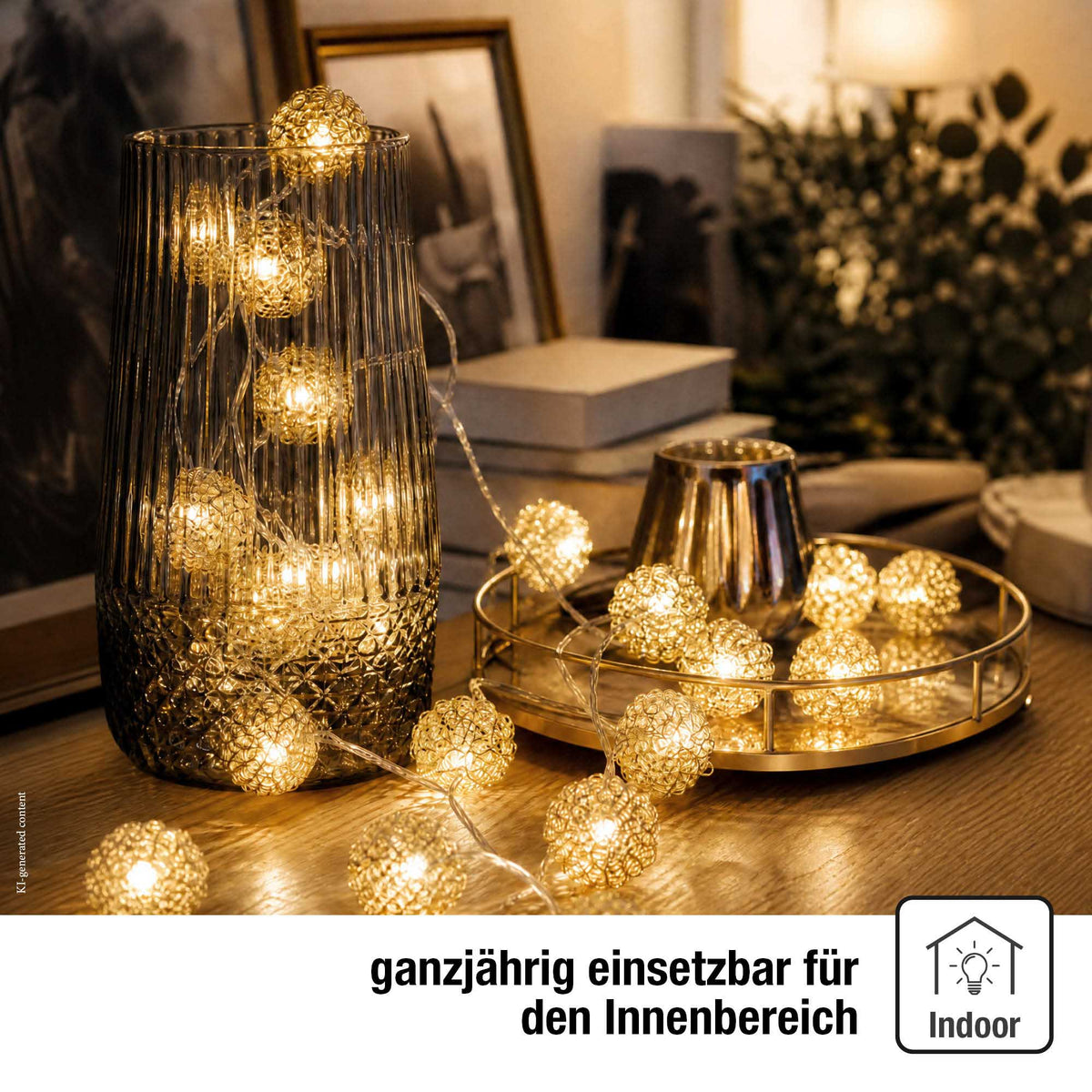 LED Lichterkette mit goldenen Metallbällen innen, 20 LED weiß, 2,85 m beleuchtet, transparentes Kabel, Innen-Transformator