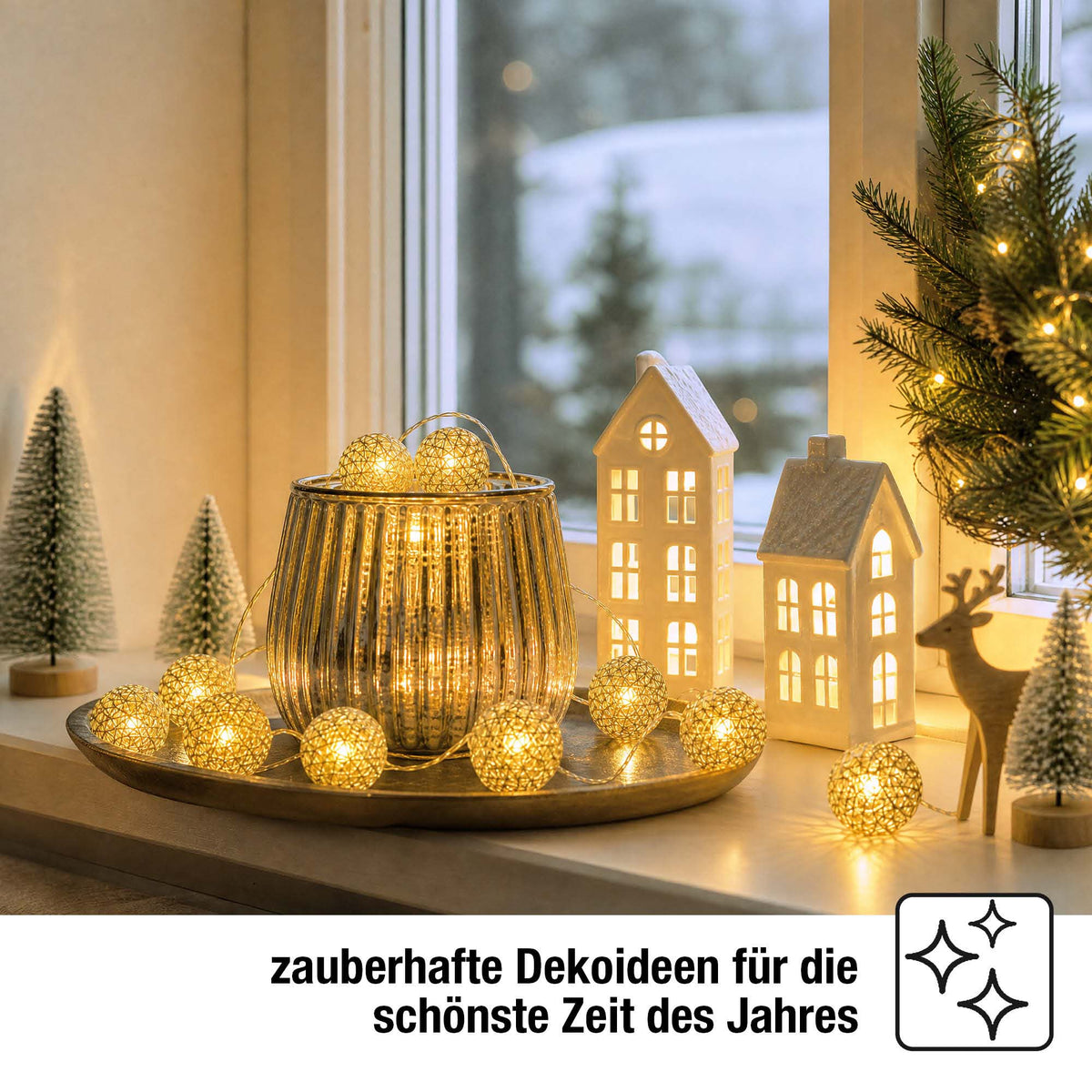 LED Lichterkette mit goldenen Metallbällen innen, 20 LED weiß, 2,85 m beleuchtet, transparentes Kabel, Innen-Transformator