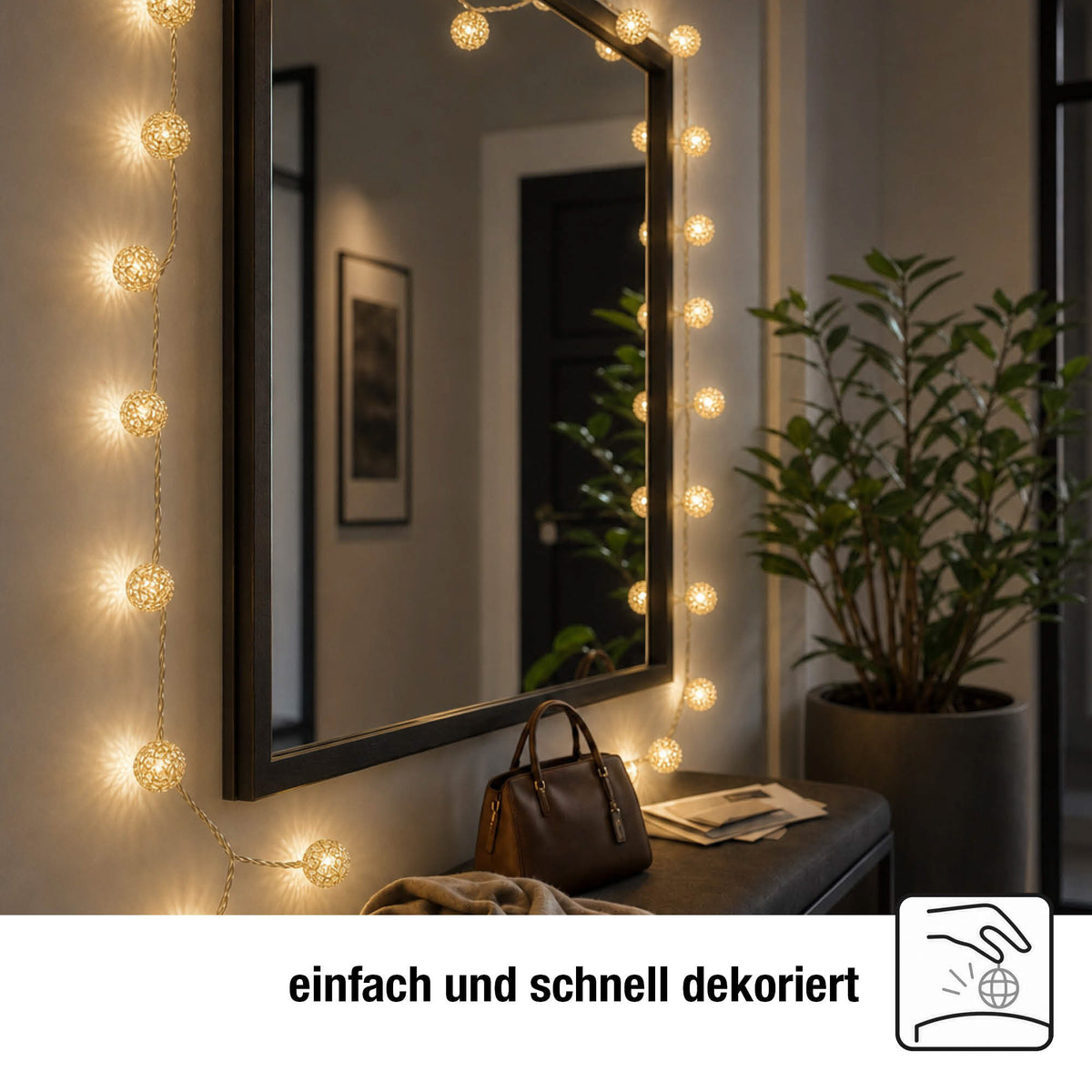 LED Lichterkette mit goldenen Metallbällen innen, 20 LED weiß, 2,85 m beleuchtet, transparentes Kabel, Innen-Transformator