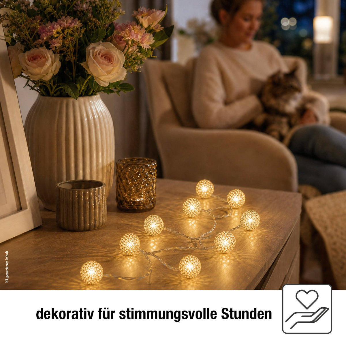 LED Lichterkette mit goldenen Metallbällen innen, 20 LED weiß, 2,85 m beleuchtet, transparentes Kabel, Innen-Transformator