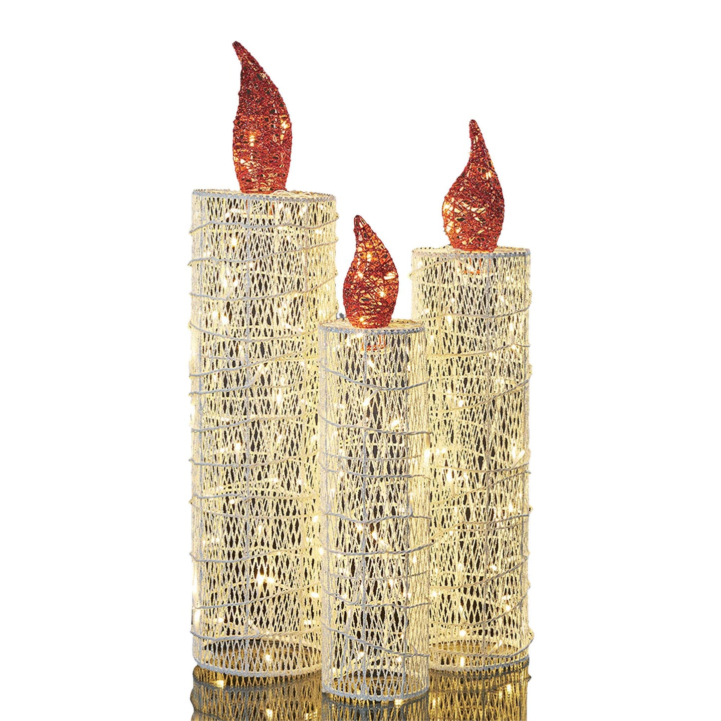 LED-Rattan-Kerzen, 3er Set, 88 LEDs ww, 14x60cm, 15,5x70cm, 18,5x80, Innen-Transformator