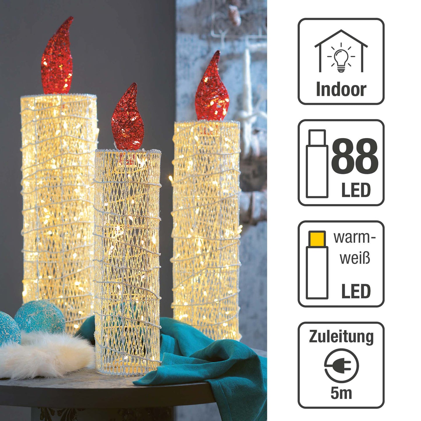 LED-Rattan-Kerzen, 3er Set, 88 LEDs ww, 14x60cm, 15,5x70cm, 18,5x80, Innen-Transformator