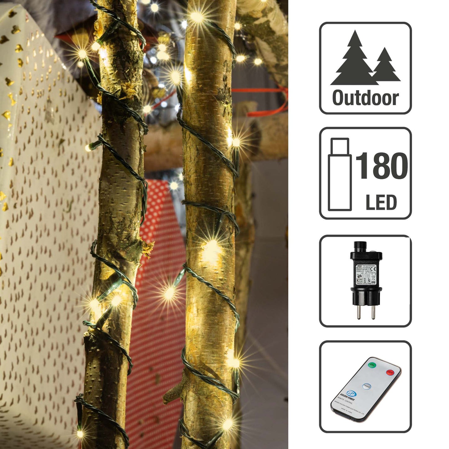 LED Lichterkette, 180 LEDs ww,  mit Infrarot Fernbedienung, Controller, Außen-Transformator