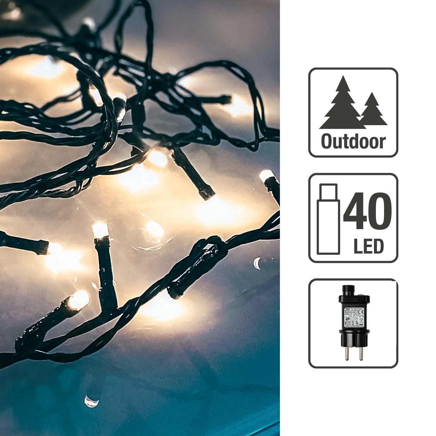 40-tlg. LED-Lichterkette, kalt-weiße LEDs,  Außen-Trafo_577303