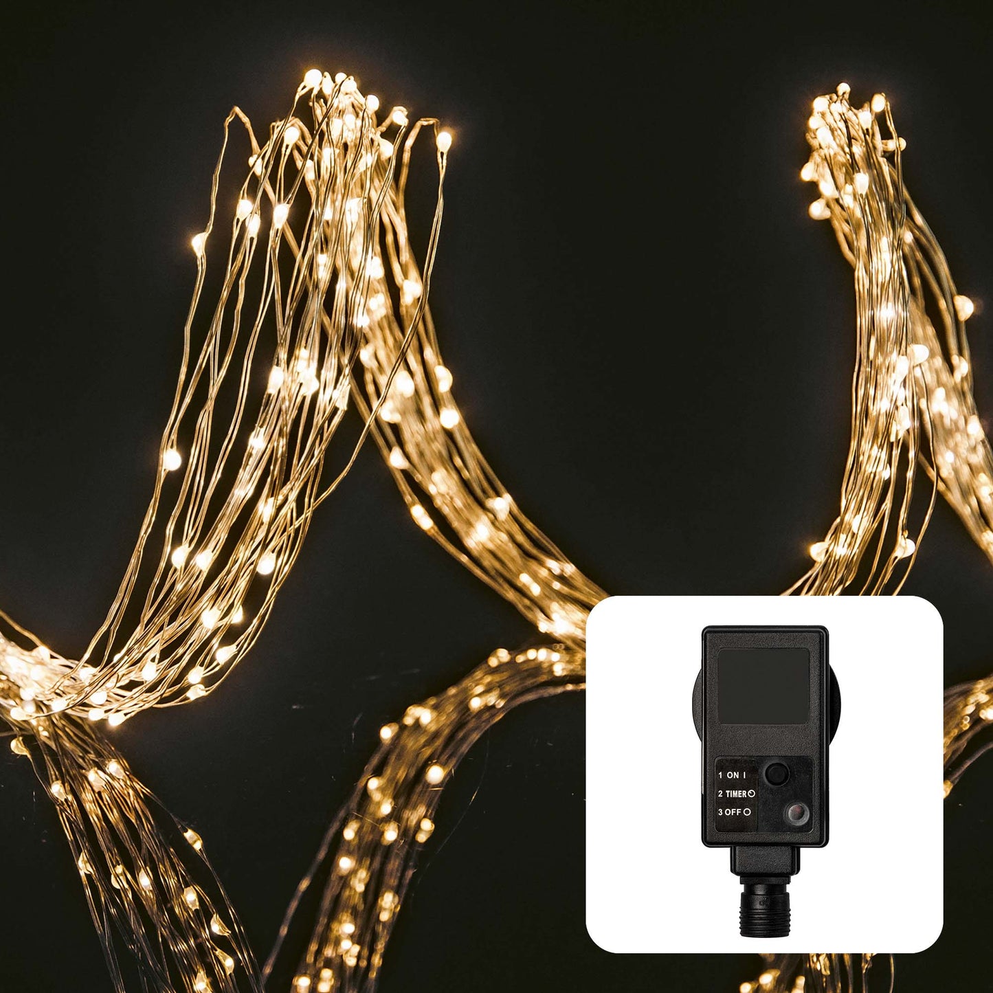 LED-Kupferkabel Girlande, 12 Stränge, 192 LEDs ww, optionaler Timer, Außen-Transformator