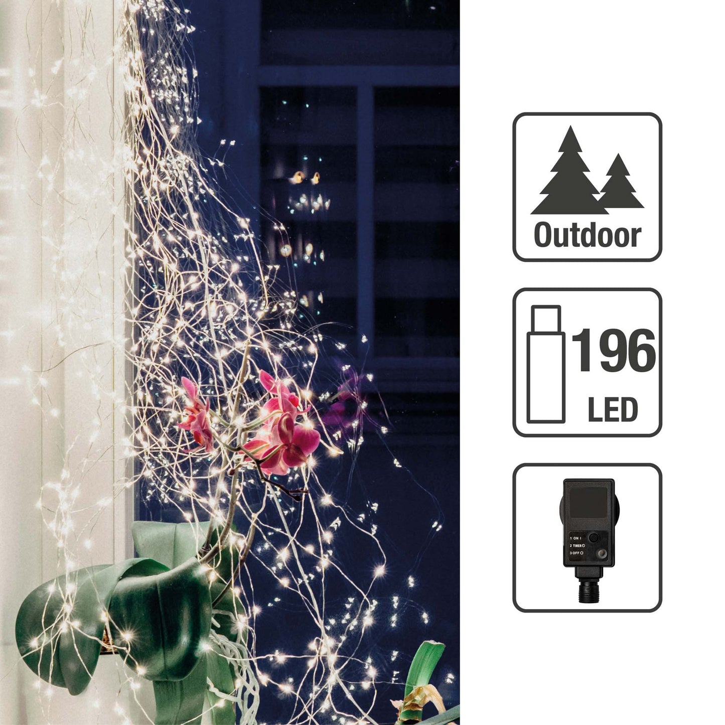 LED-Kupferkabel Girlande, 12 Stränge, 192 LEDs ww, optionaler Timer, Außen-Transformator