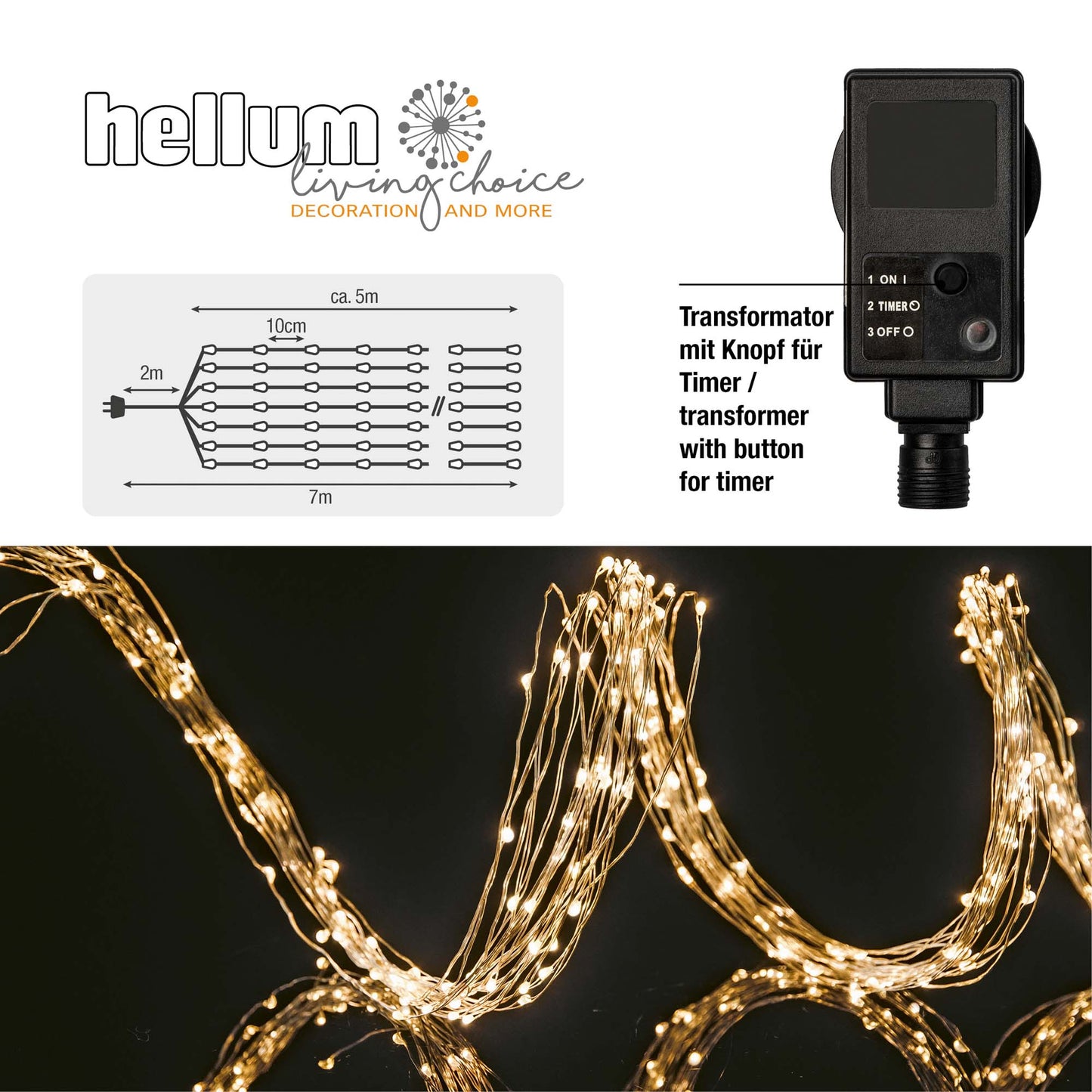 LED-Kupferkabel Girlande, 12 Stränge, 192 LEDs ww, optionaler Timer, Außen-Transformator