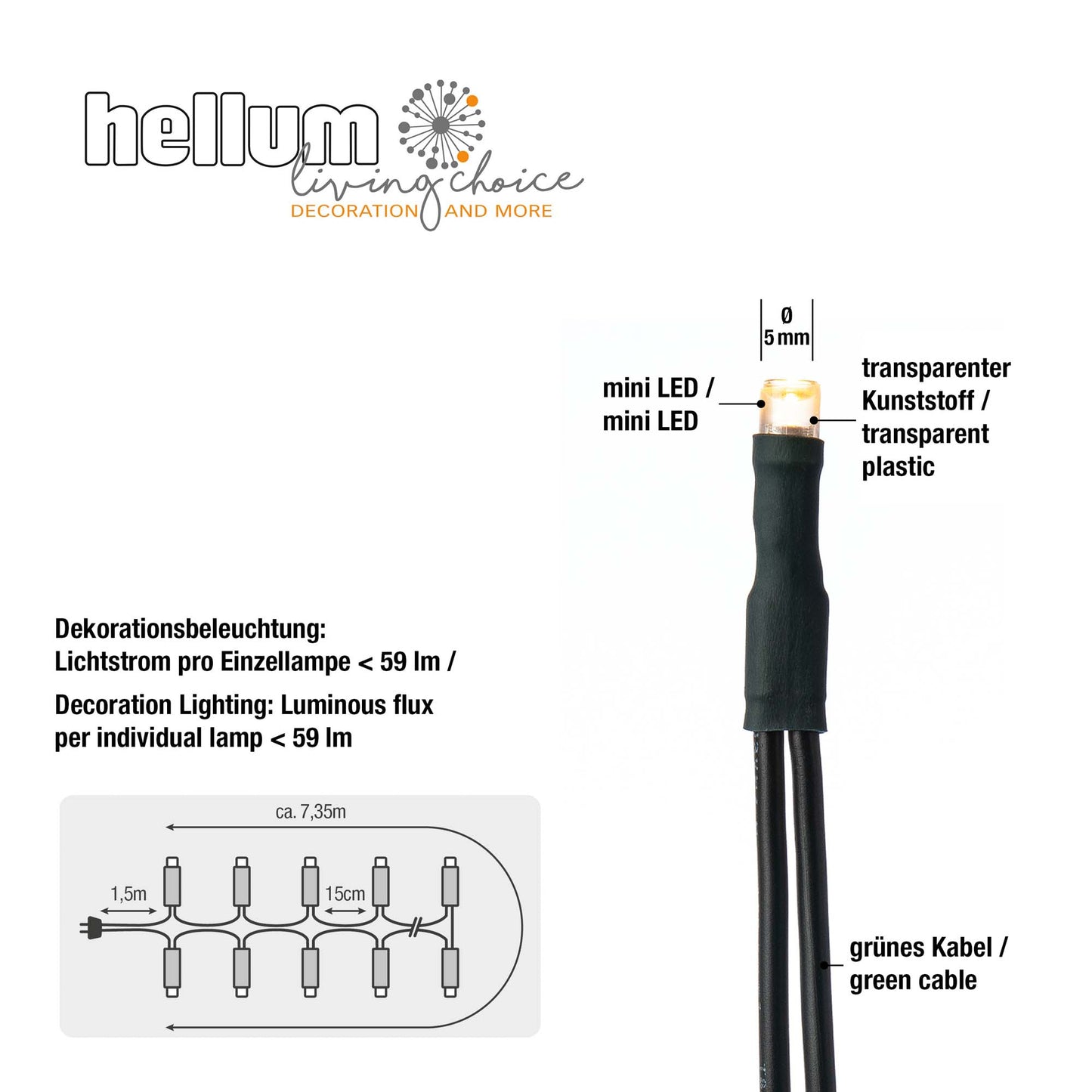 50-tlg. LED-Lichterkette, warm-weiß, grünes-Kabel, Euro-Stecker， 579130