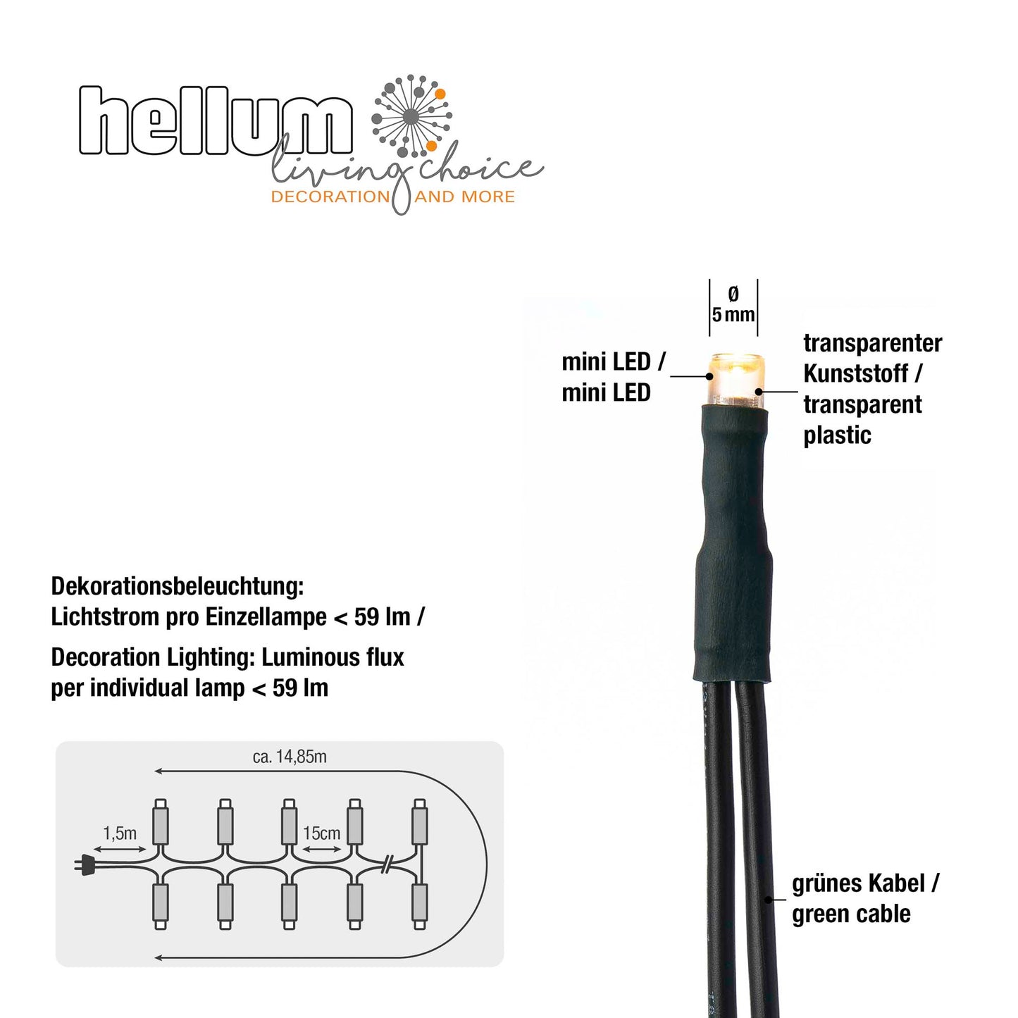 100-tlg. LED-Lichterkette, warm-weiß, grünes-Kabel, Euro-Stecker