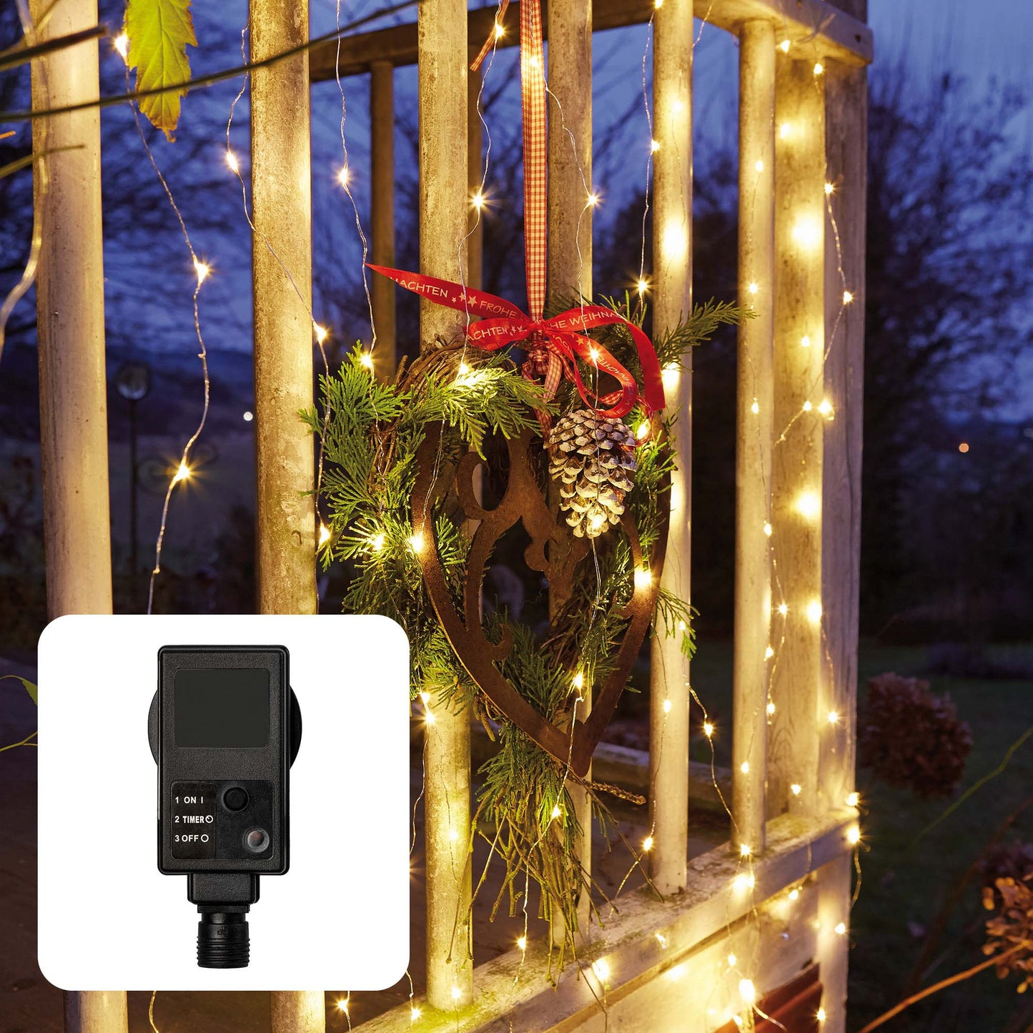 LED-Vorhang "Tauperlen", 180 LEDs ww, 12 Stränge,optionaler Timer, Außen-Transformator
