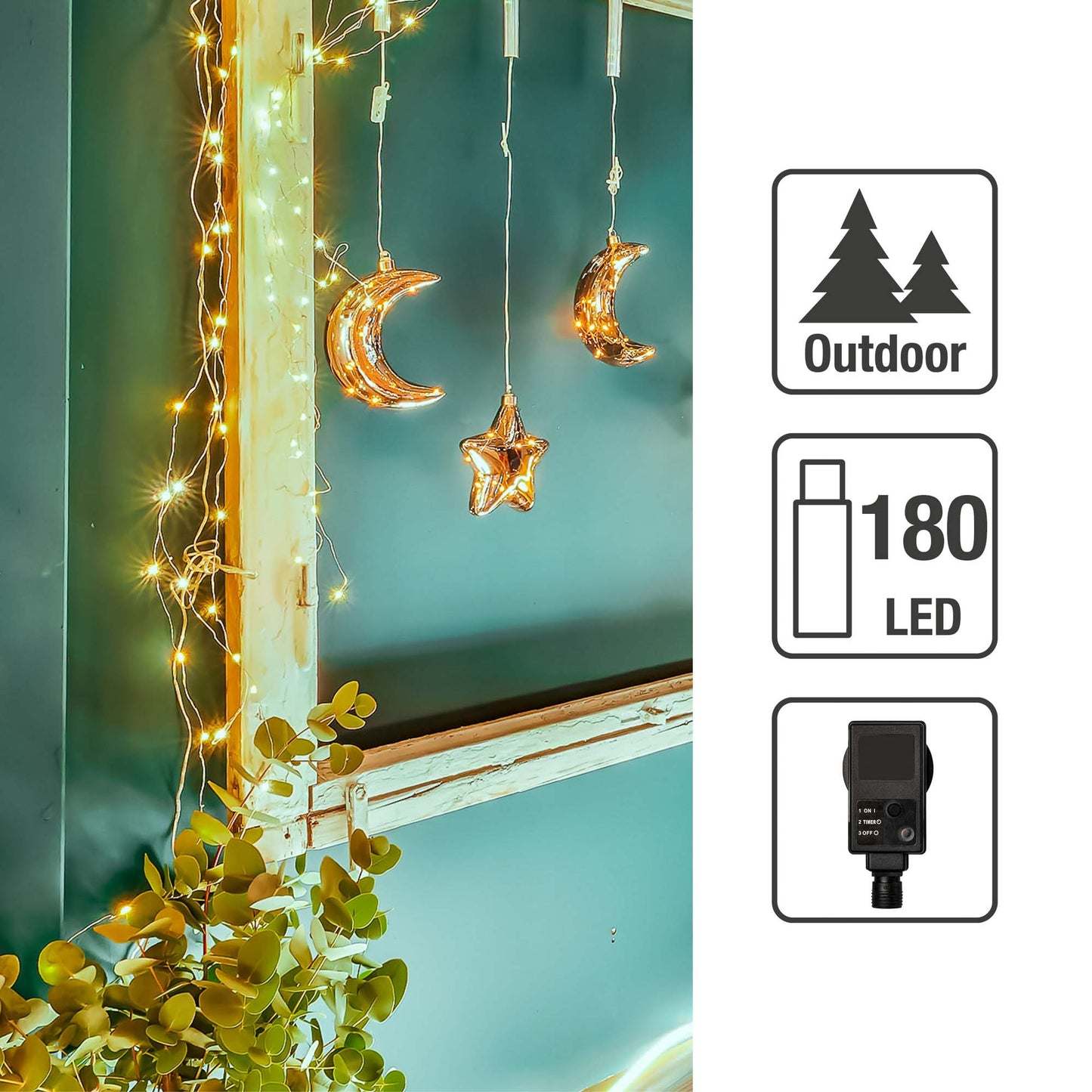 LED-Vorhang "Tauperlen", 180 LEDs ww, 12 Stränge,optionaler Timer, Außen-Transformator