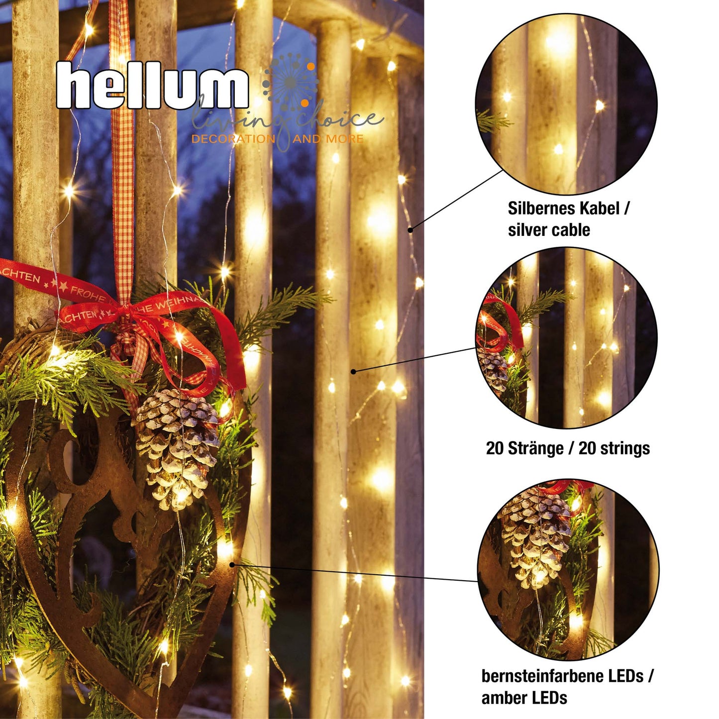 LED-Vorhang, 300 LEDs ww, 20 Stränge, 150 x 190 cm, Außen-Transformator