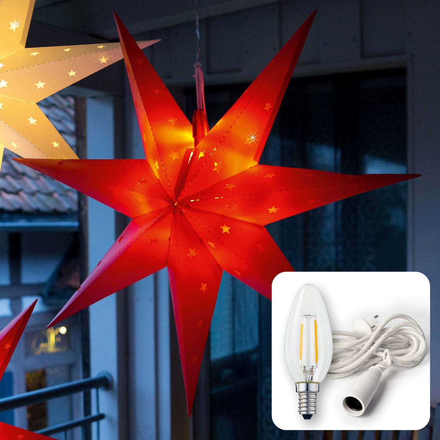 LED Stern rot Deko beleuchtet Außen Outdoor Kunststoff perforiert E14 Sockel