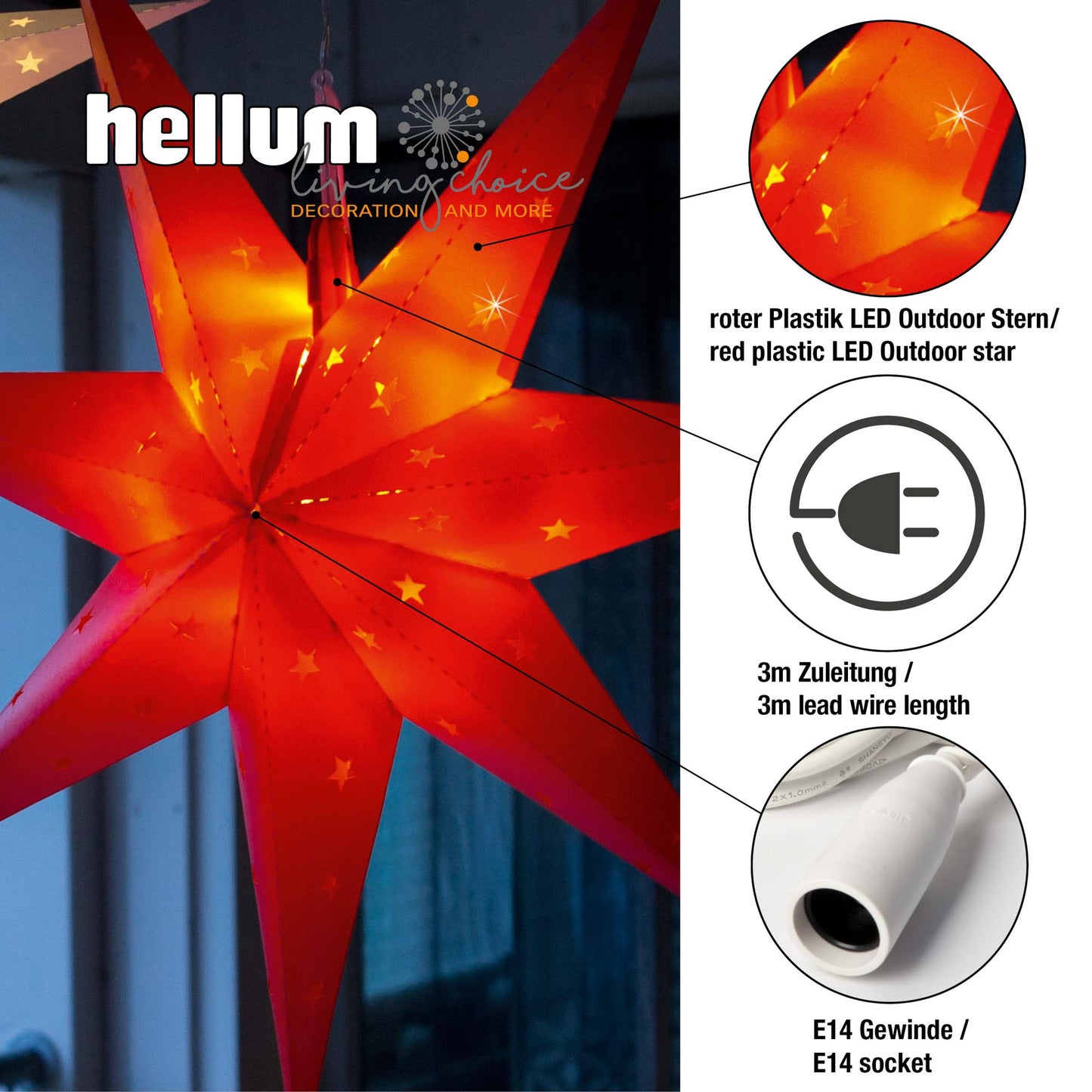 LED Stern rot Deko beleuchtet Außen Outdoor Kunststoff perforiert E14 Sockel