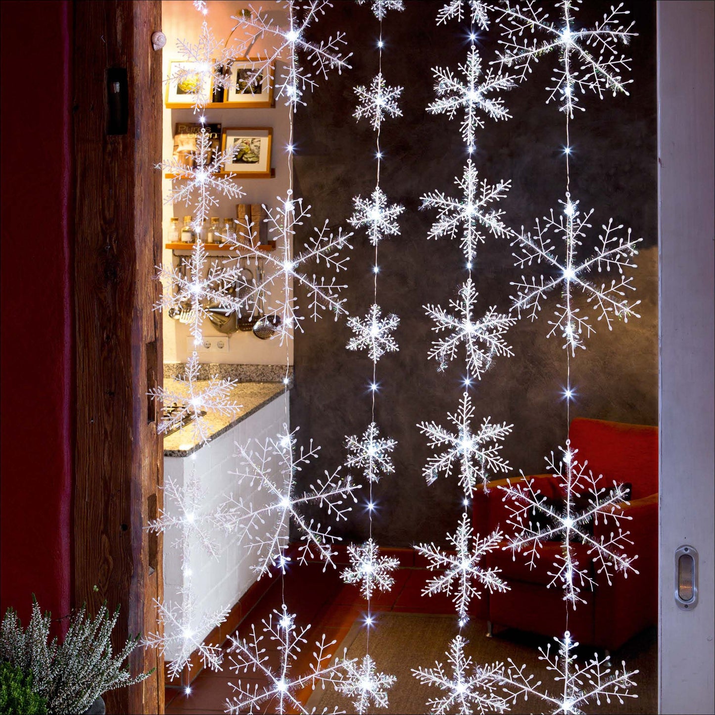 LED-Schneeflocken-Vorhang, 75 LEDs ww, Außen-Transformator