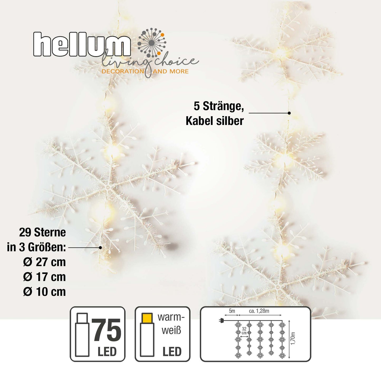 LED-Schneeflocken-Vorhang, 75 LEDs ww, Außen-Transformator