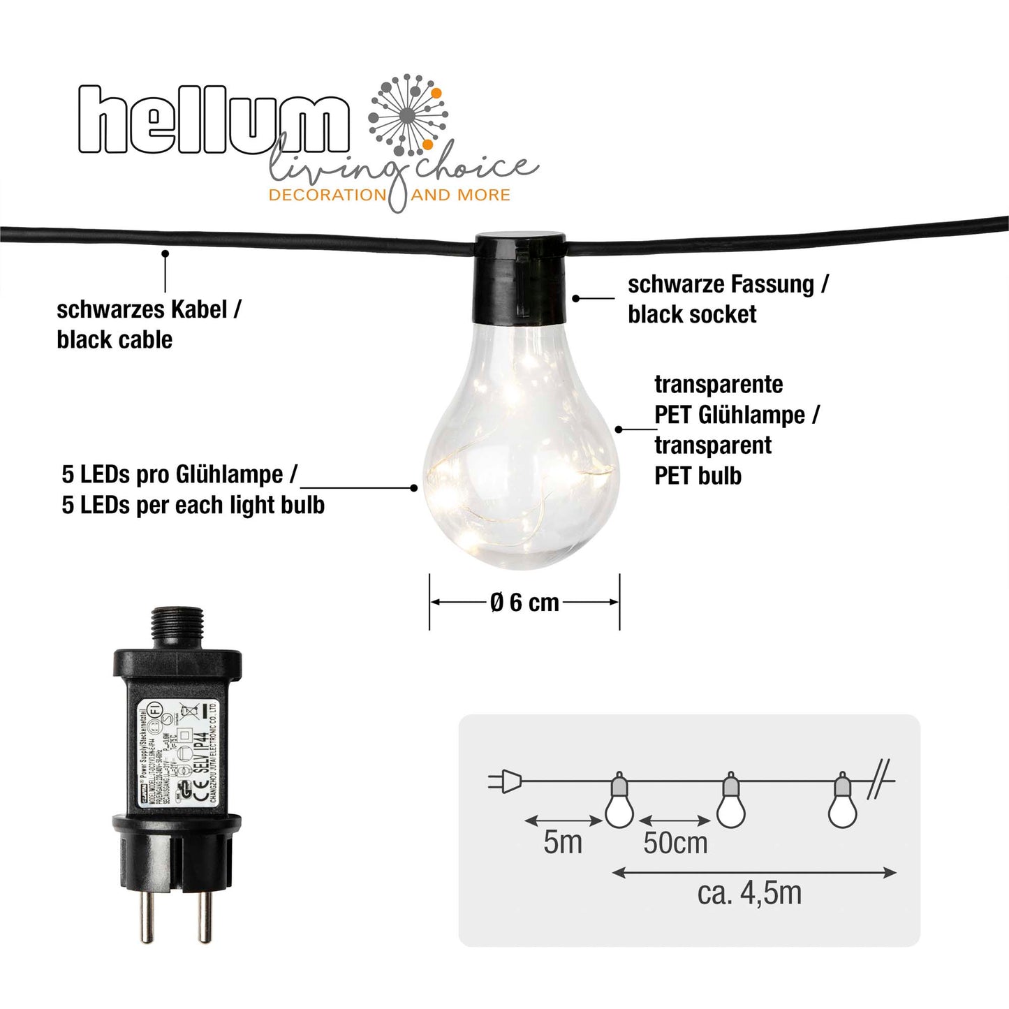 Hellum LED Partylichterkette, warmweiß mit 10 Lampen, 4,5 m beleuchtet, für Außen 150353