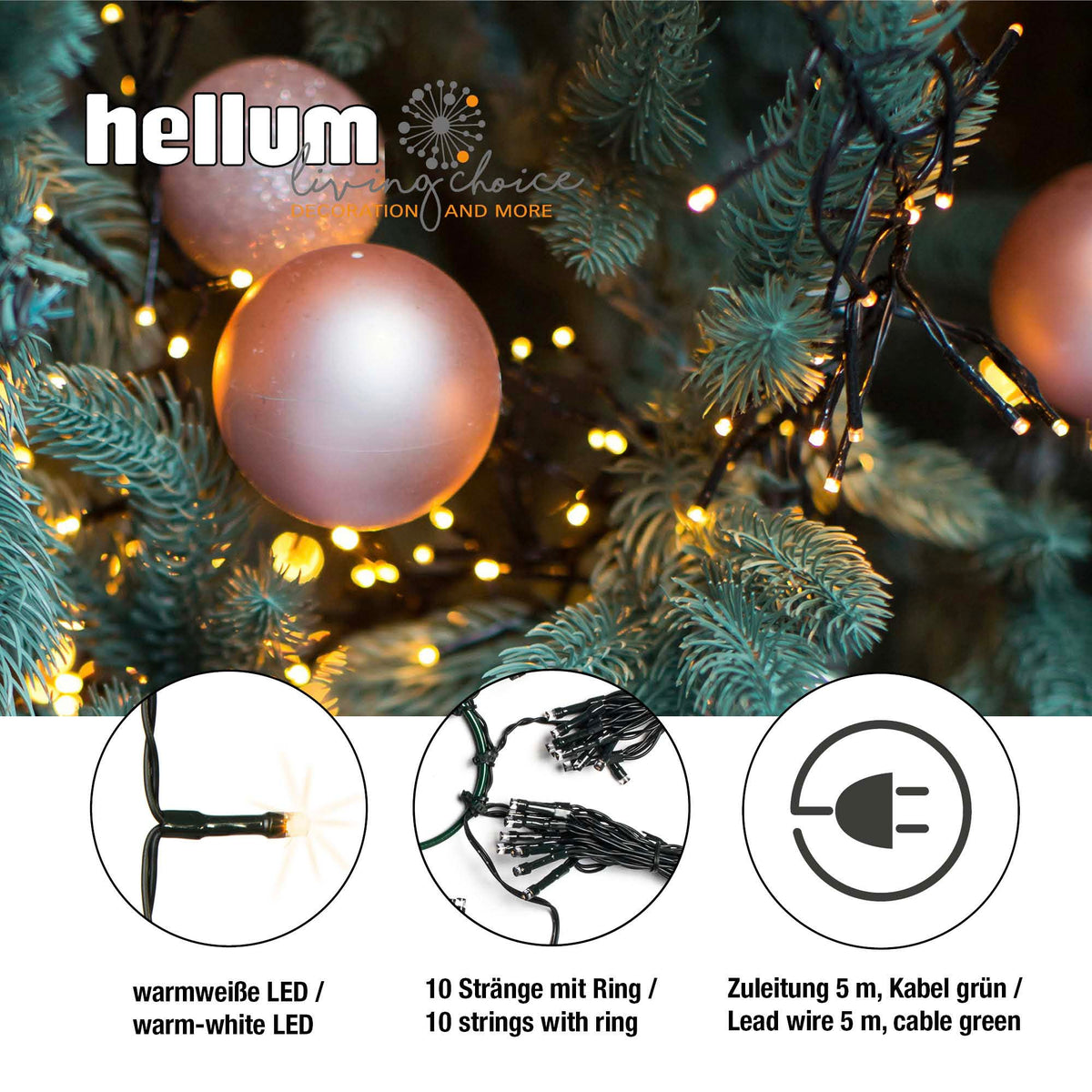 LED Christbaumbeleuchtung mit Ring, außen, 220 LED warmweiß, 10 Sträng – Hellum Direkt