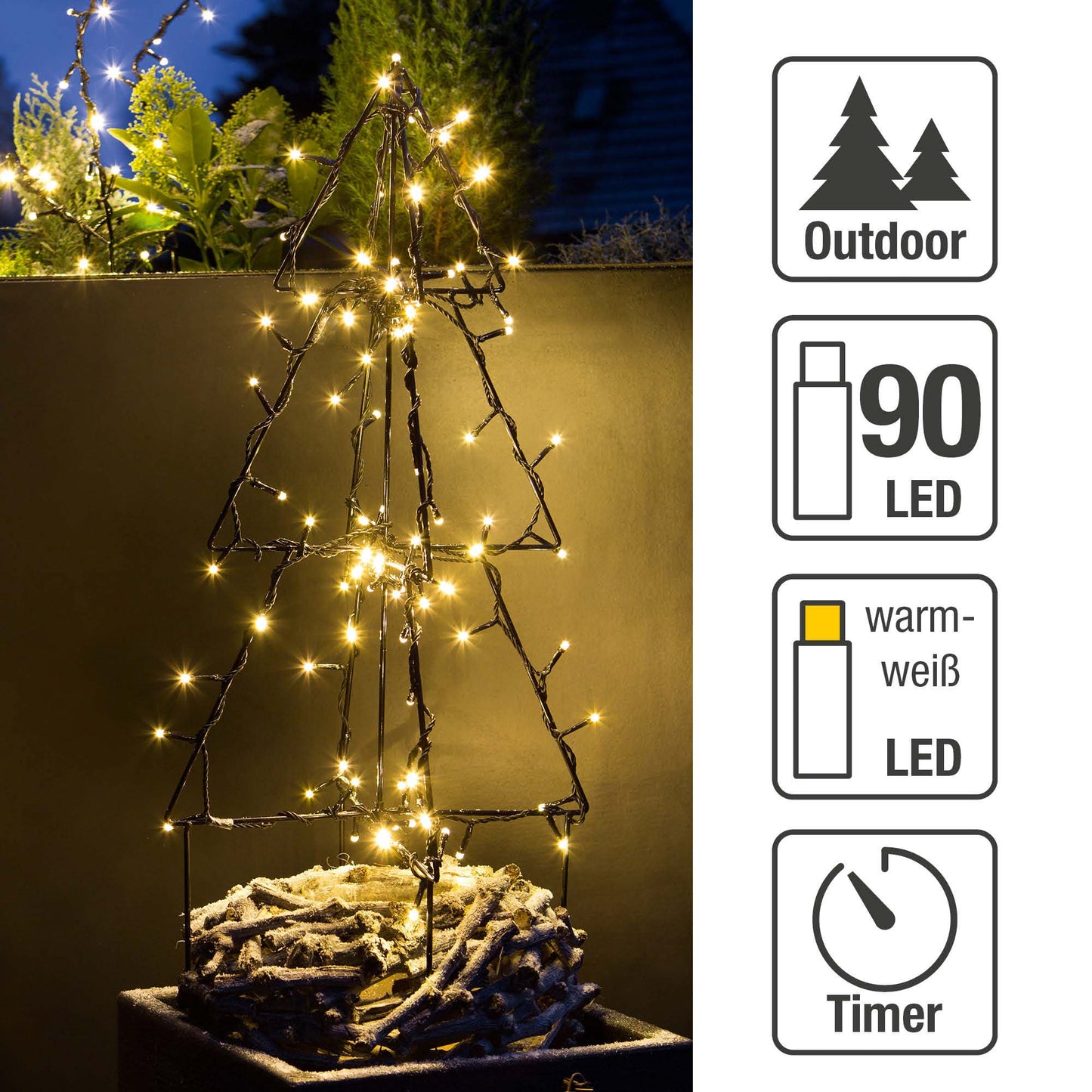 Hellum LED Metall-Weihnachtsbaum, 90 LEDs, warmweiß, 2D / 3D, mit Timer, für außen 577952