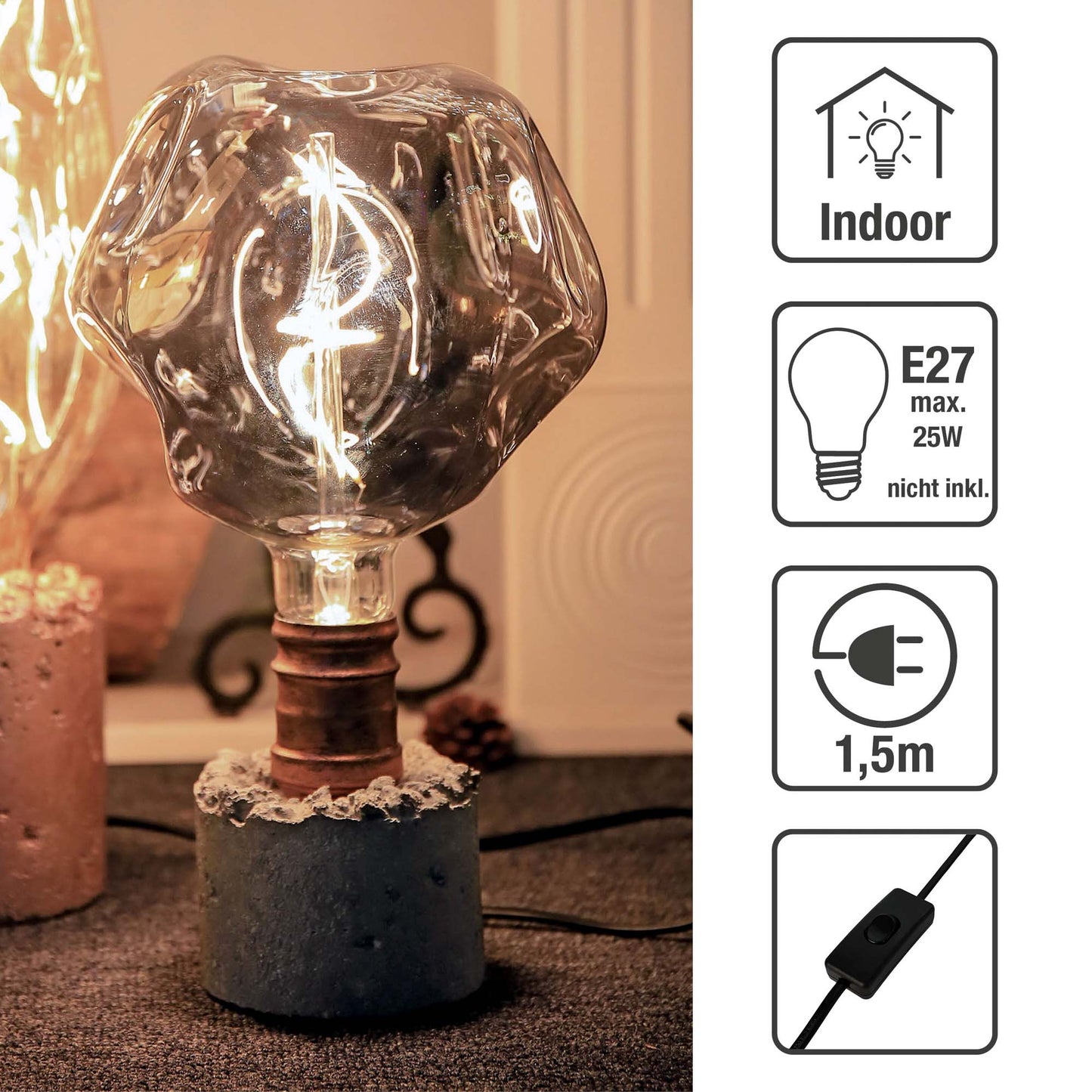 Zement-Sockel für E27 Lampen, grau, 1,5m Zuleitung, AN/AUS-Schalter, ohne Leuchtmittel