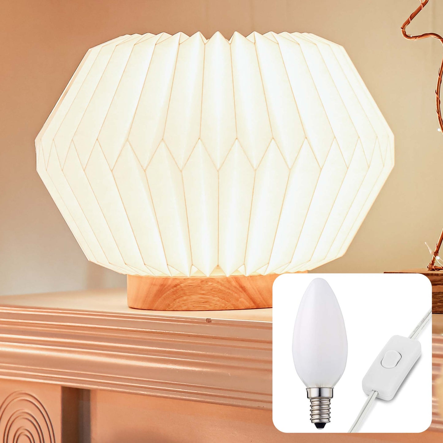 Lampe mit Papierschirm auf Holzsockel, E14, ohne Leuchtmittel