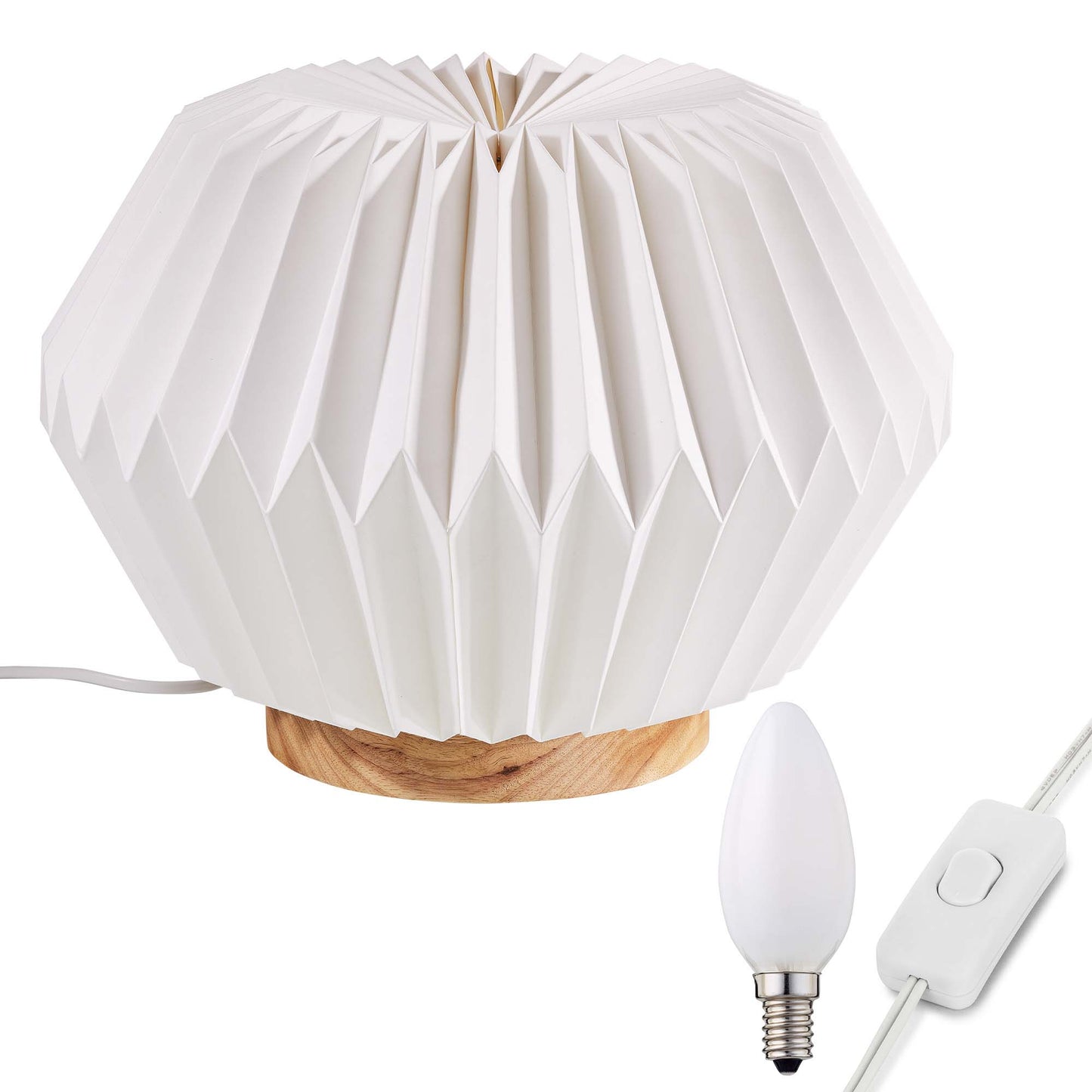 Lampe mit Papierschirm auf Holzsockel, E14, ohne Leuchtmittel