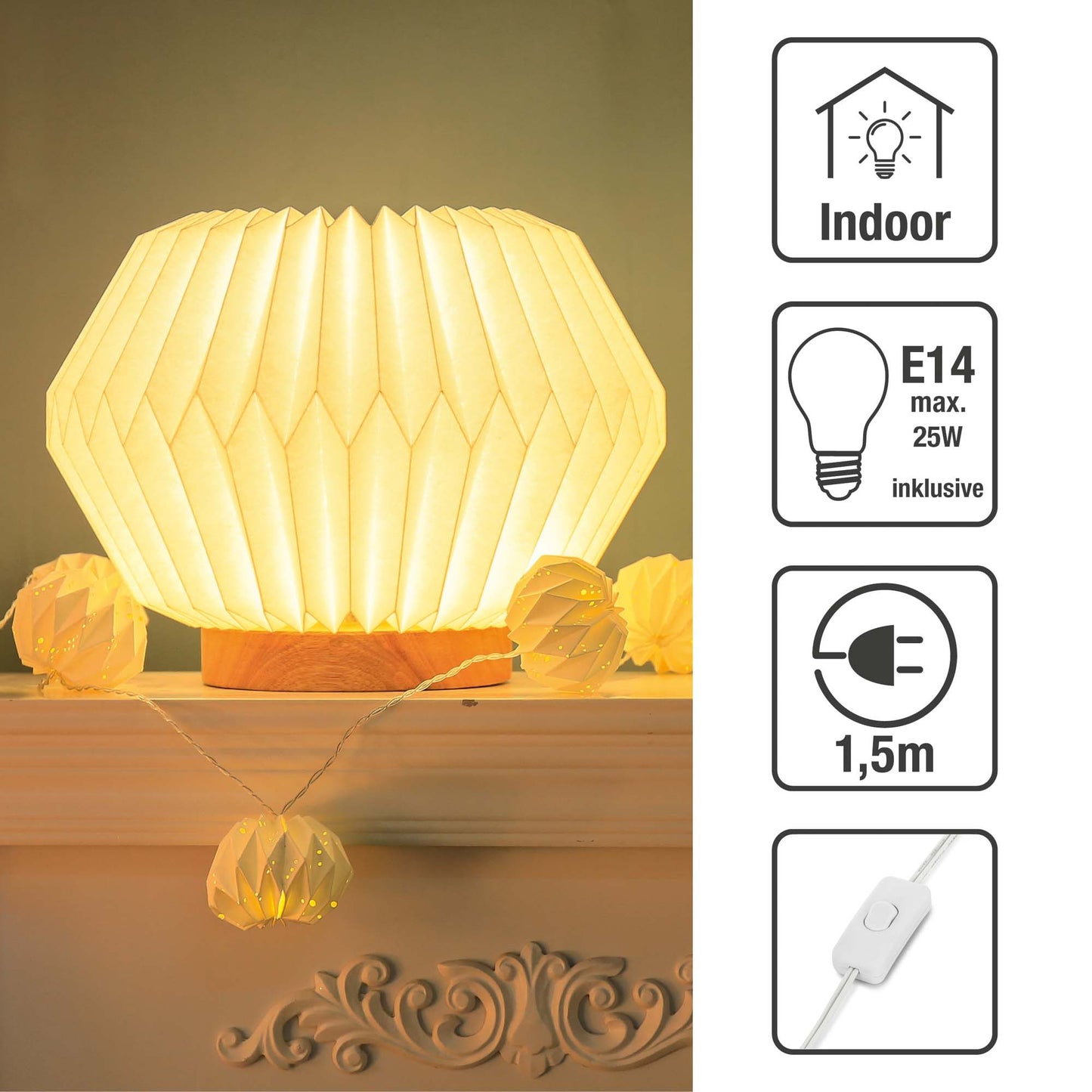 Lampe mit Papierschirm auf Holzsockel, E14, ohne Leuchtmittel