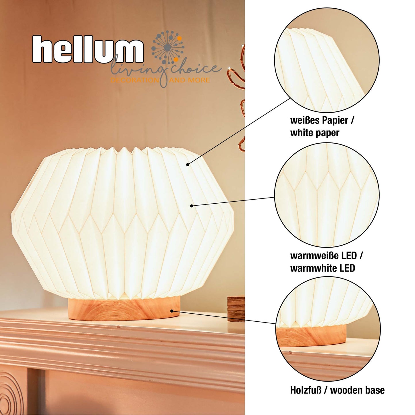 Lampe mit Papierschirm auf Holzsockel, E14, ohne Leuchtmittel