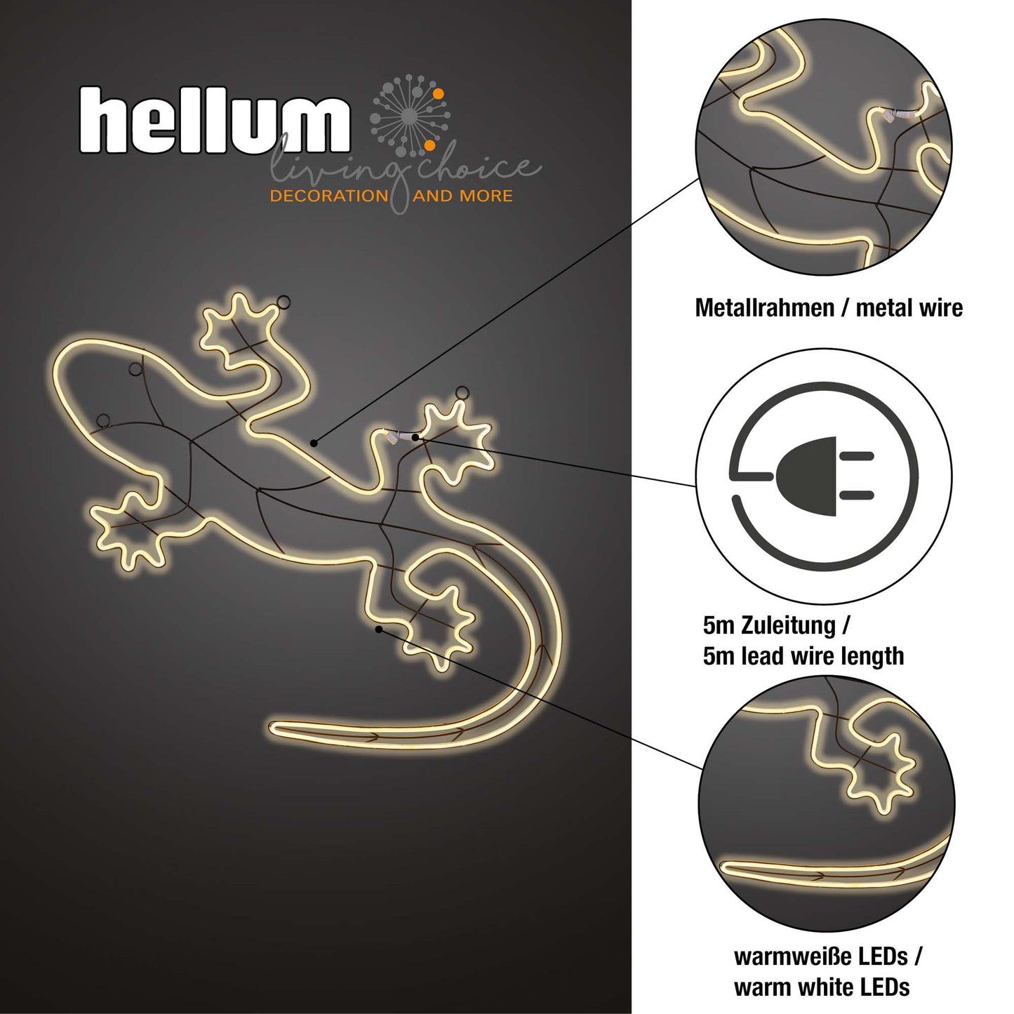LED – Neon-Gecko 120cm, 720 LEDs ww, Kabel transparent,Außen-Transformator