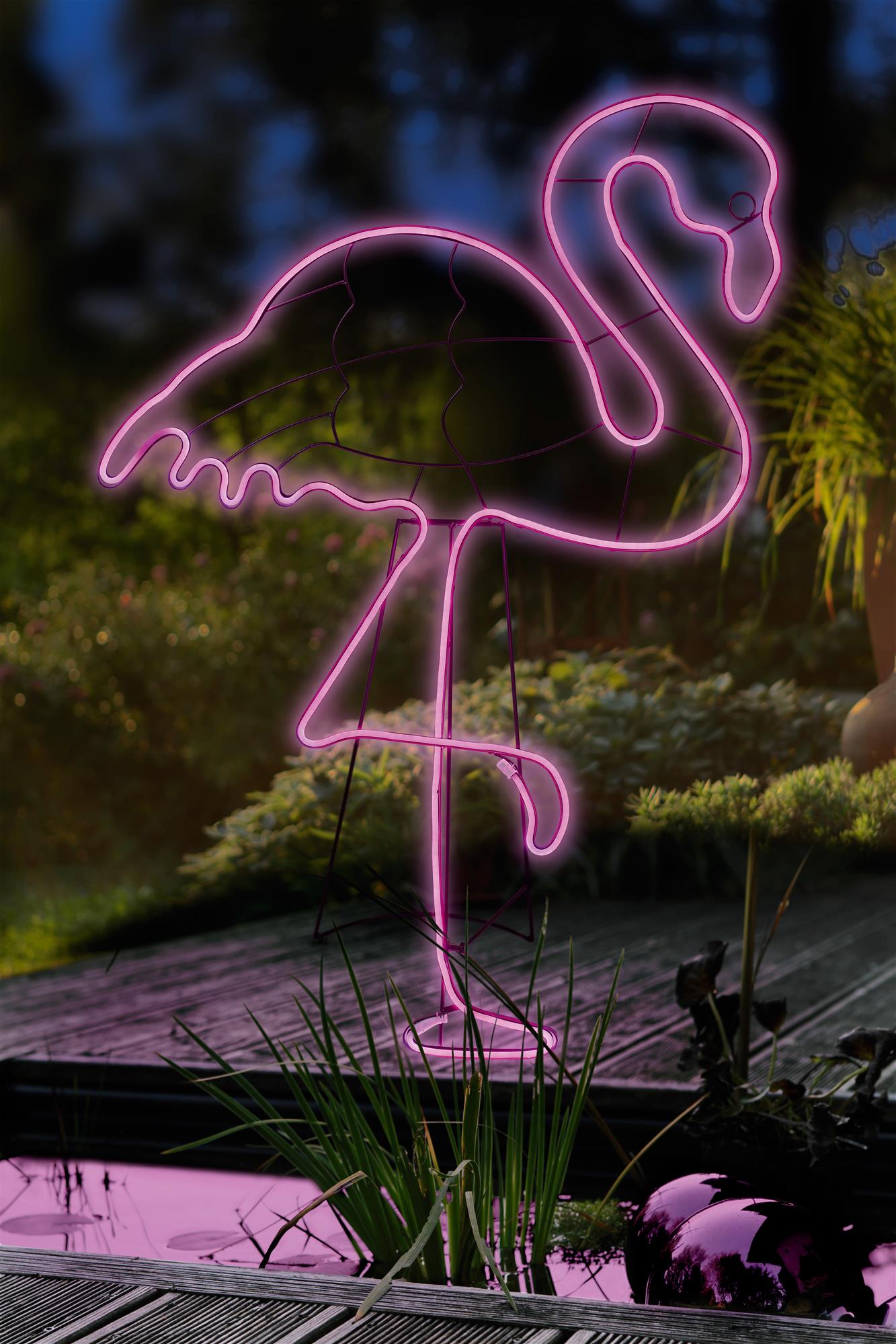 LED – Neon-Flamingo 120cm, 648 LEDs pink, Kabel transparent, Außen-Transformator