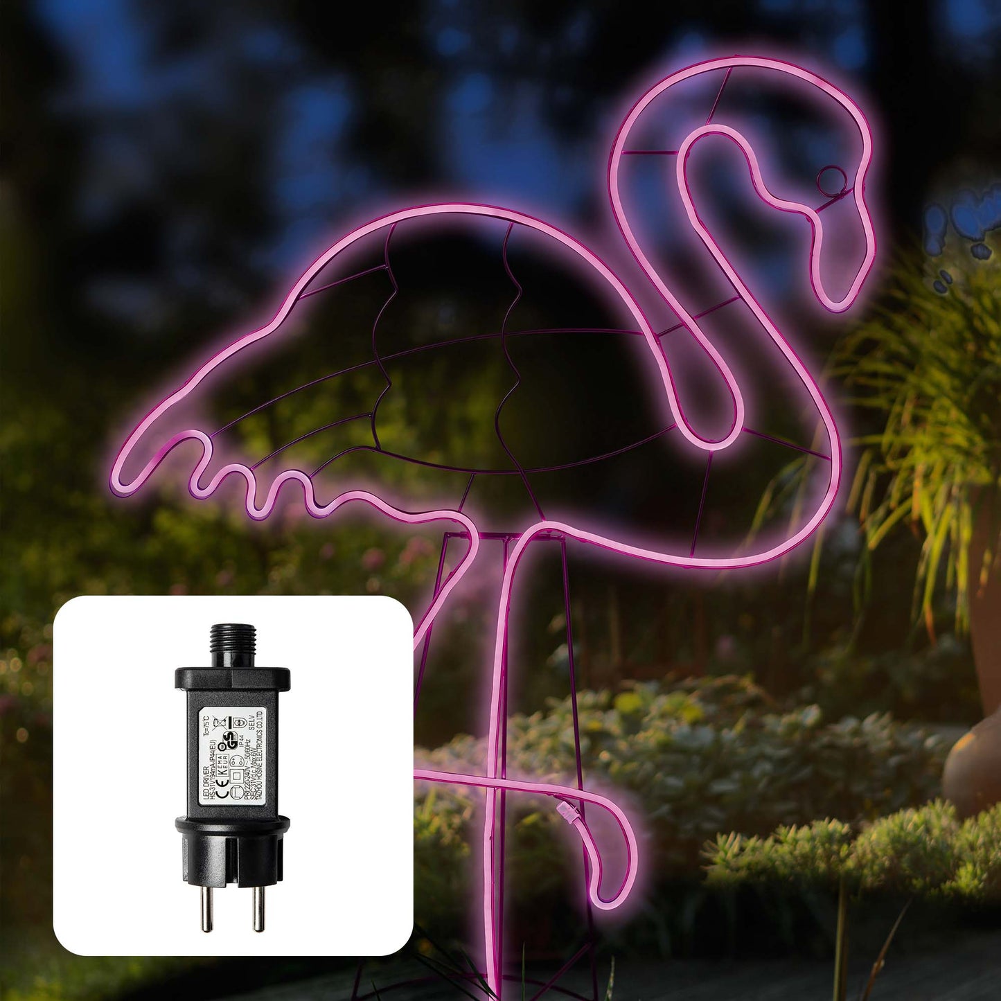LED – Neon-Flamingo 120cm, 648 LEDs pink, Kabel transparent, Außen-Transformator