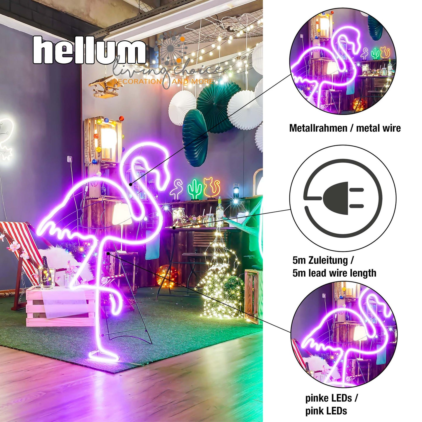 LED – Neon-Flamingo 120cm, 648 LEDs pink, Kabel transparent, Außen-Transformator