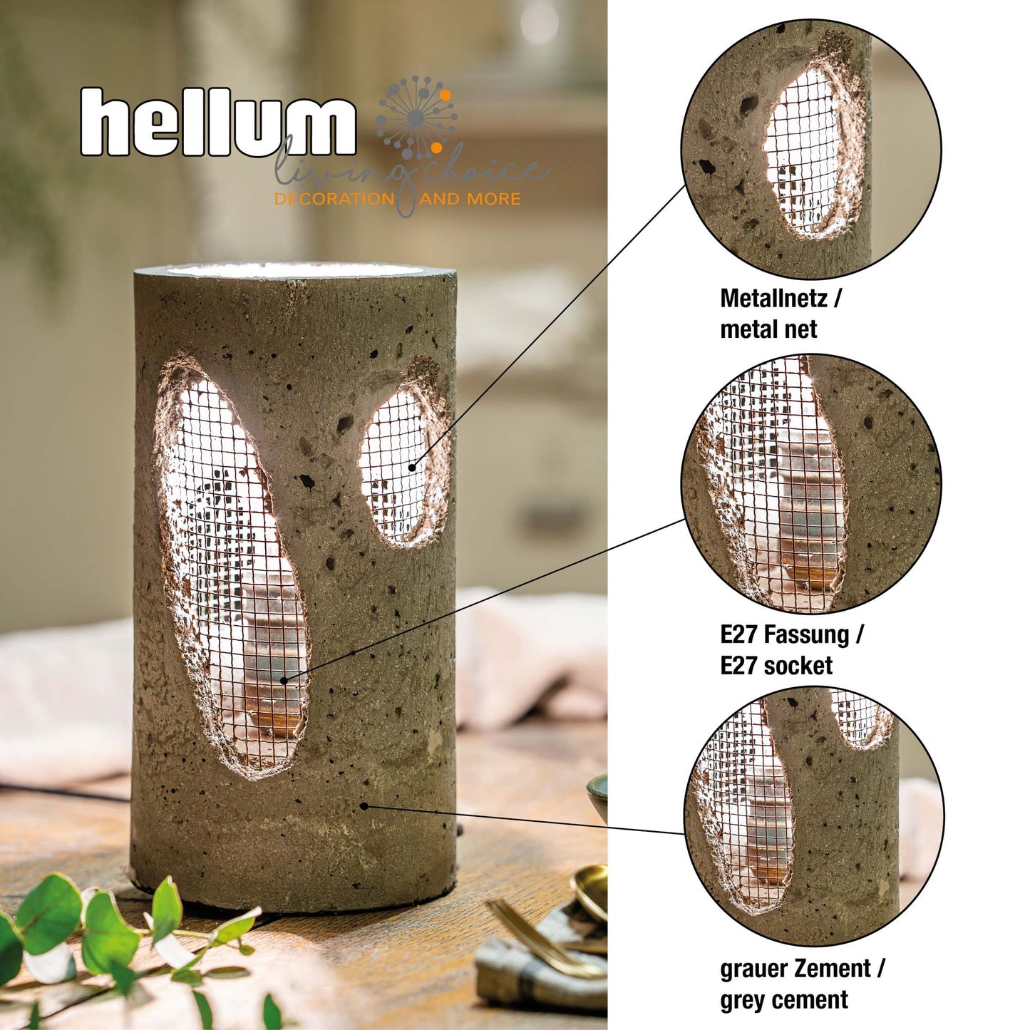 Tischlampe - Zement-Lampe mit Gittergeflecht dunkelgrau modernes Design