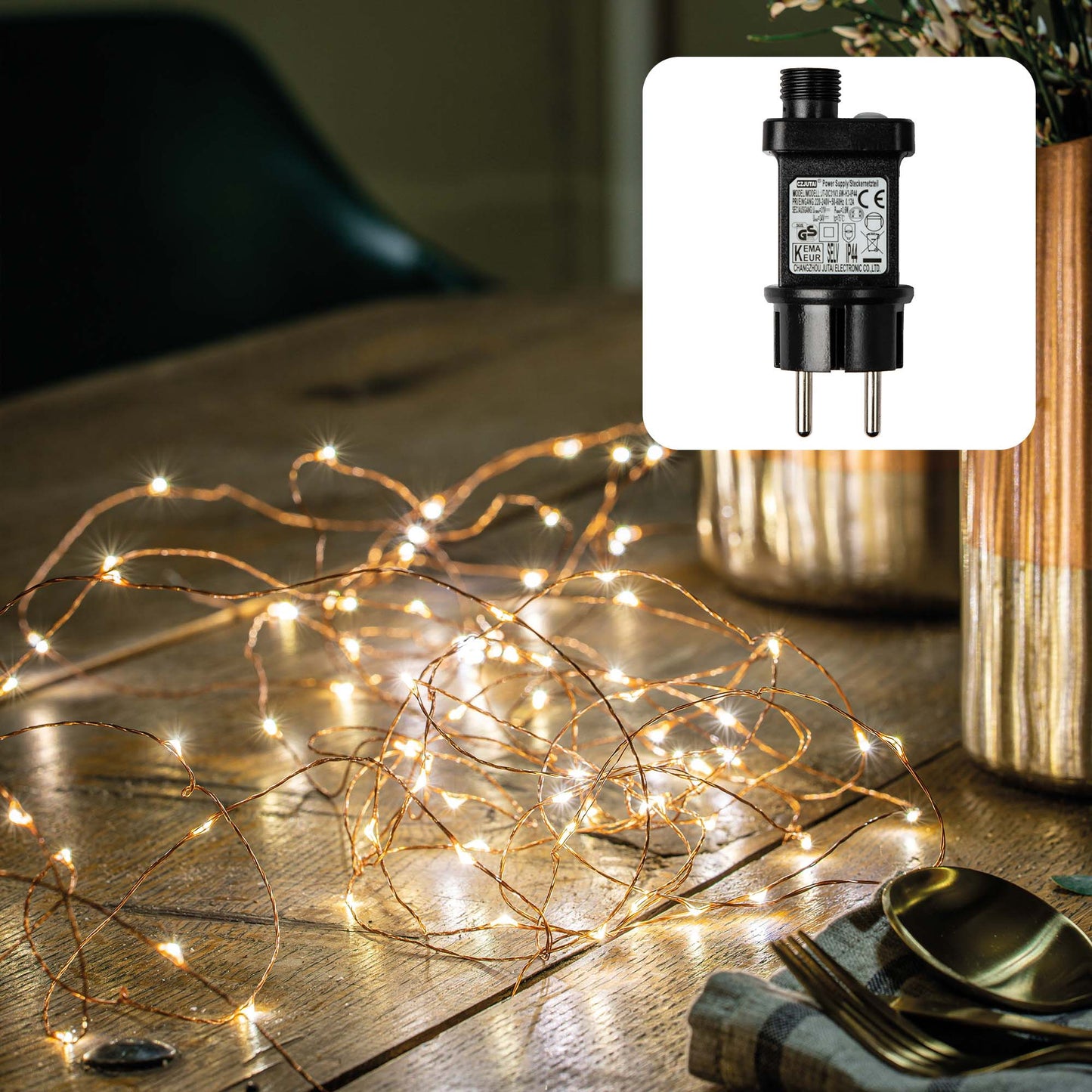 LED-Kupferkabel-Lichterkette, 100 LEDs ww, Timer, Außen-Transformator
