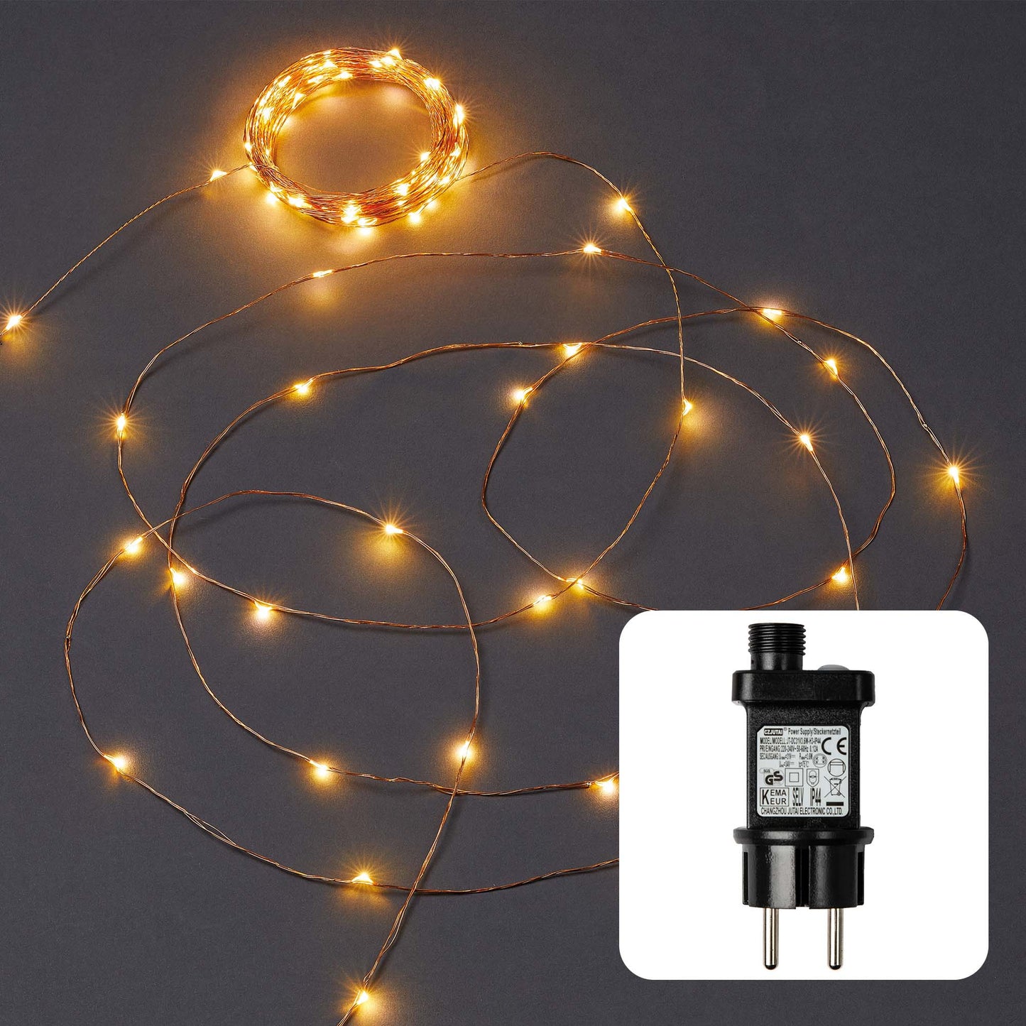 LED-Kupferkabel-Lichterkette, 100 LEDs ww, Timer, Außen-Transformator